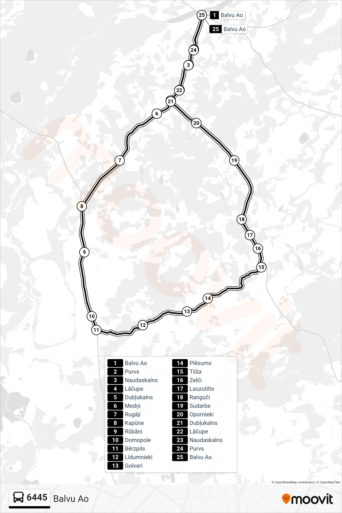 6445 bus Line (Balvu Ao) route and stops on a map