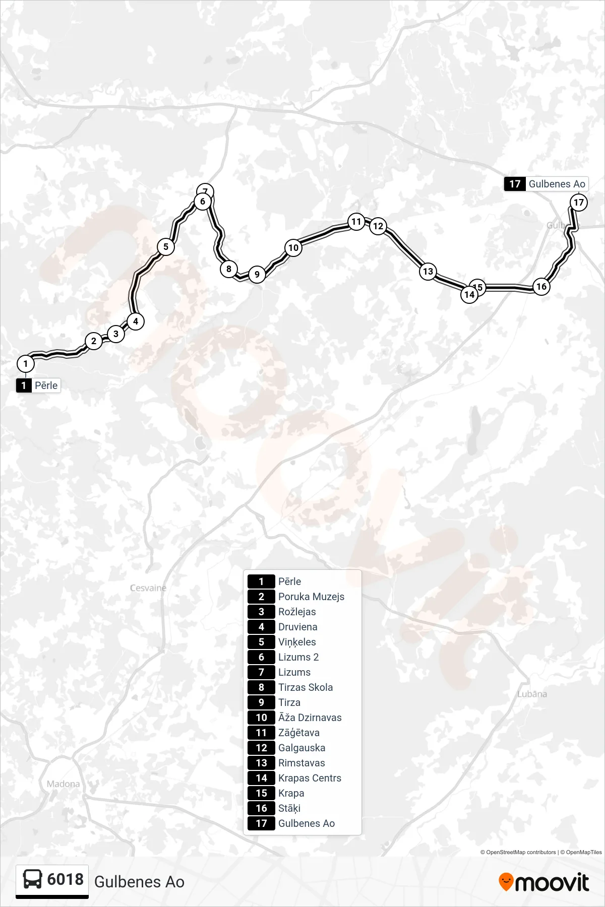 6018 bus Line (Gulbenes Ao) route and stops on a map
