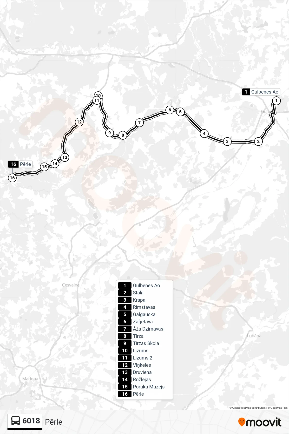 6018 bus Line (Pērle) route and stops on a map