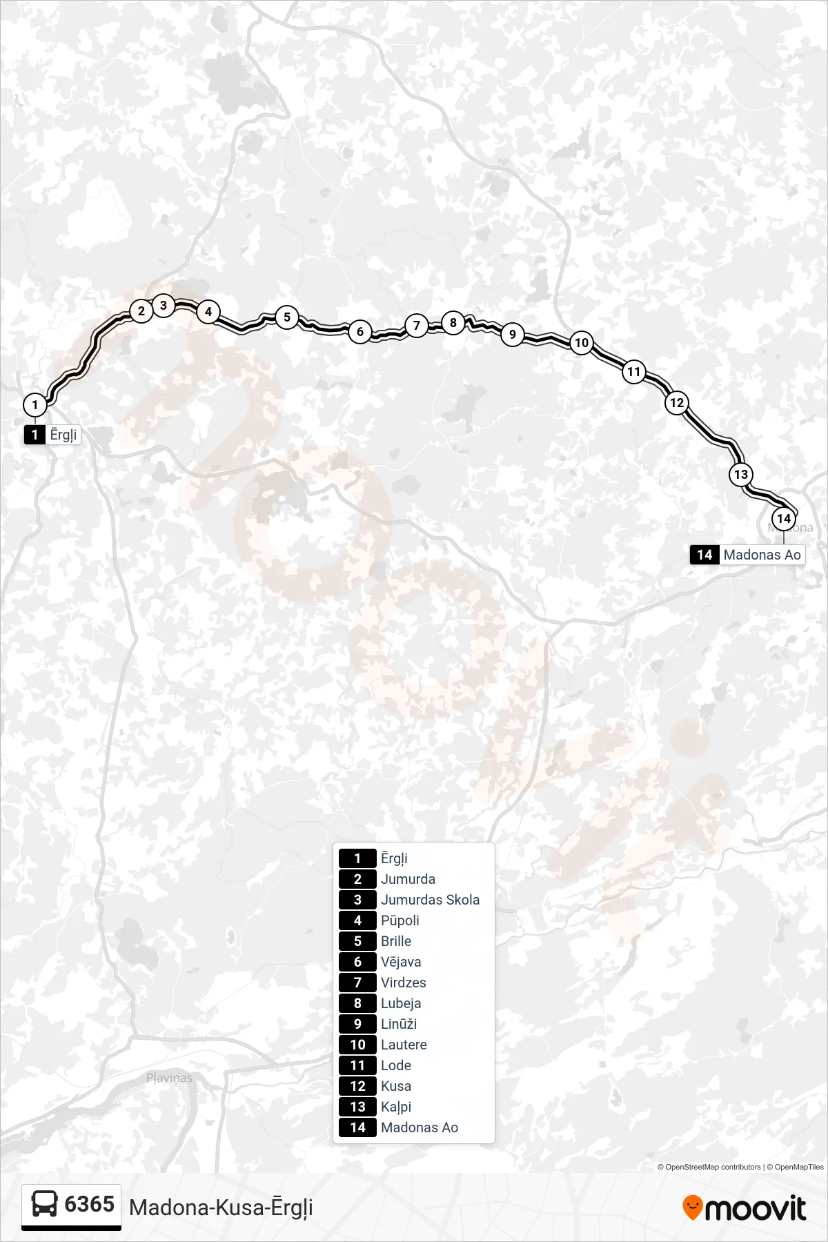 6365 bus Line (Madonas Ao) route and stops on a map