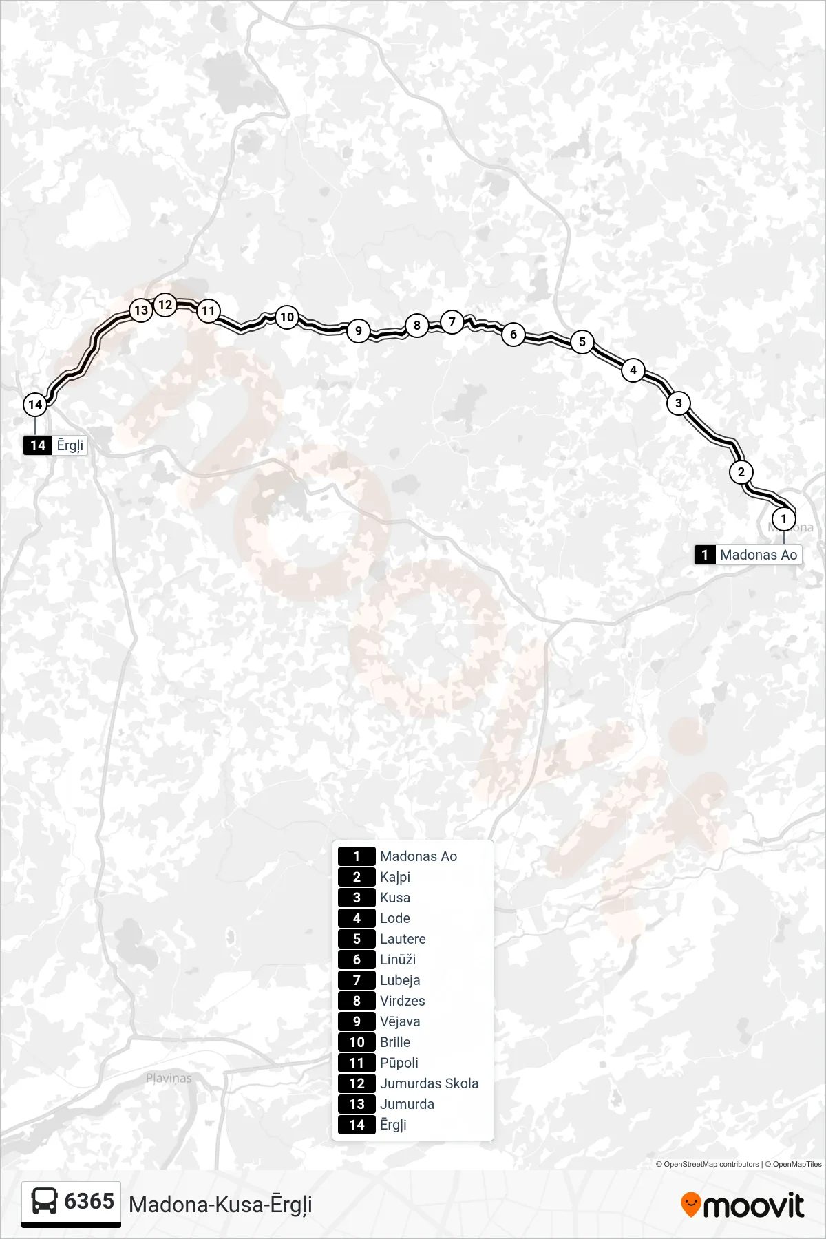 6365 bus Line (Ērgļi) route and stops on a map
