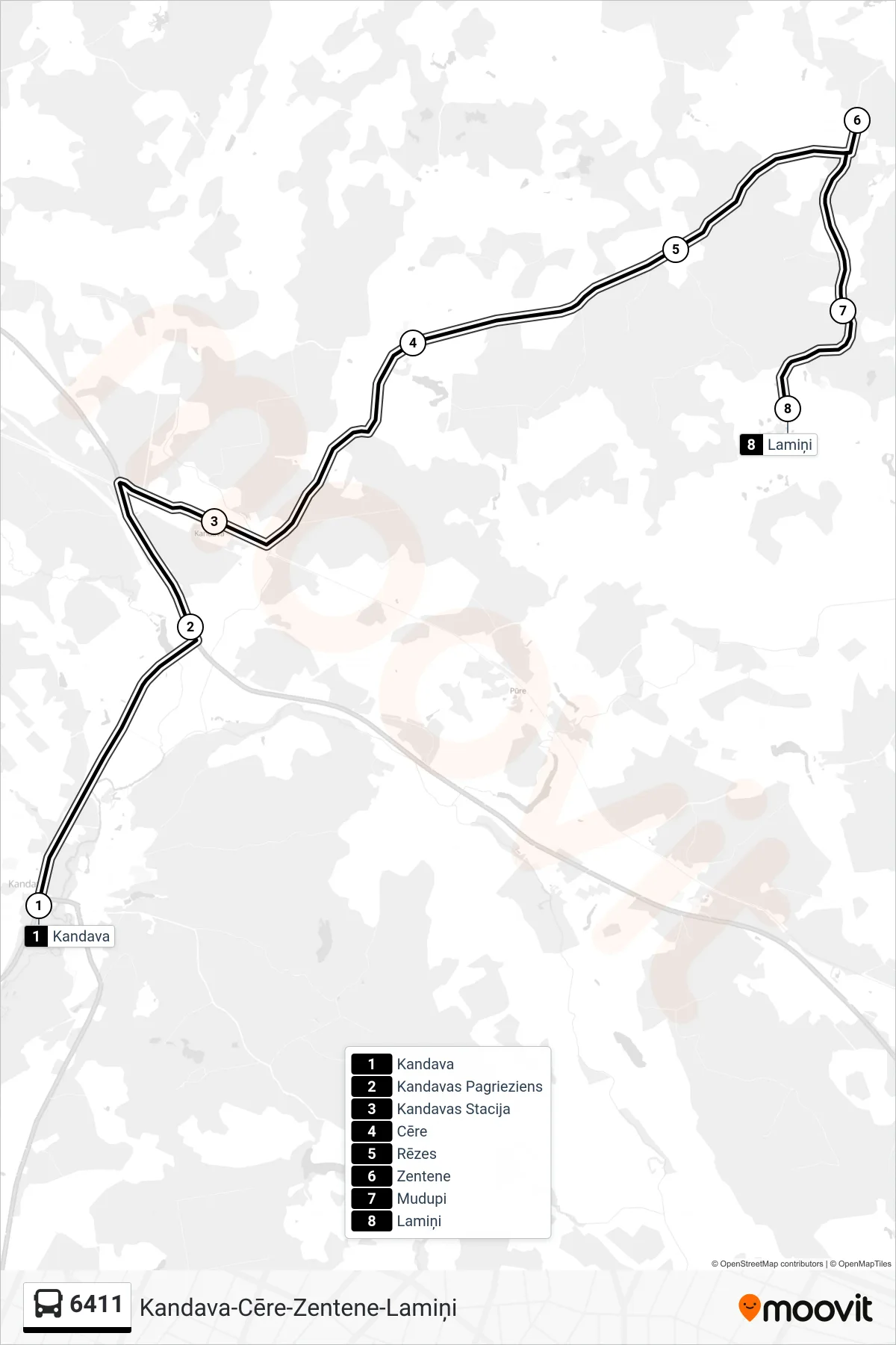 6411 bus Line (Lamiņi) route and stops on a map