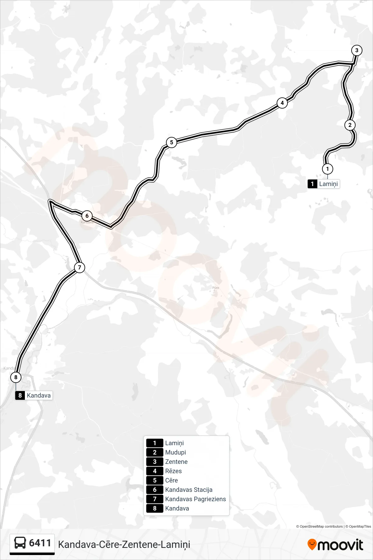 6411 bus Line (Kandava) route and stops on a map