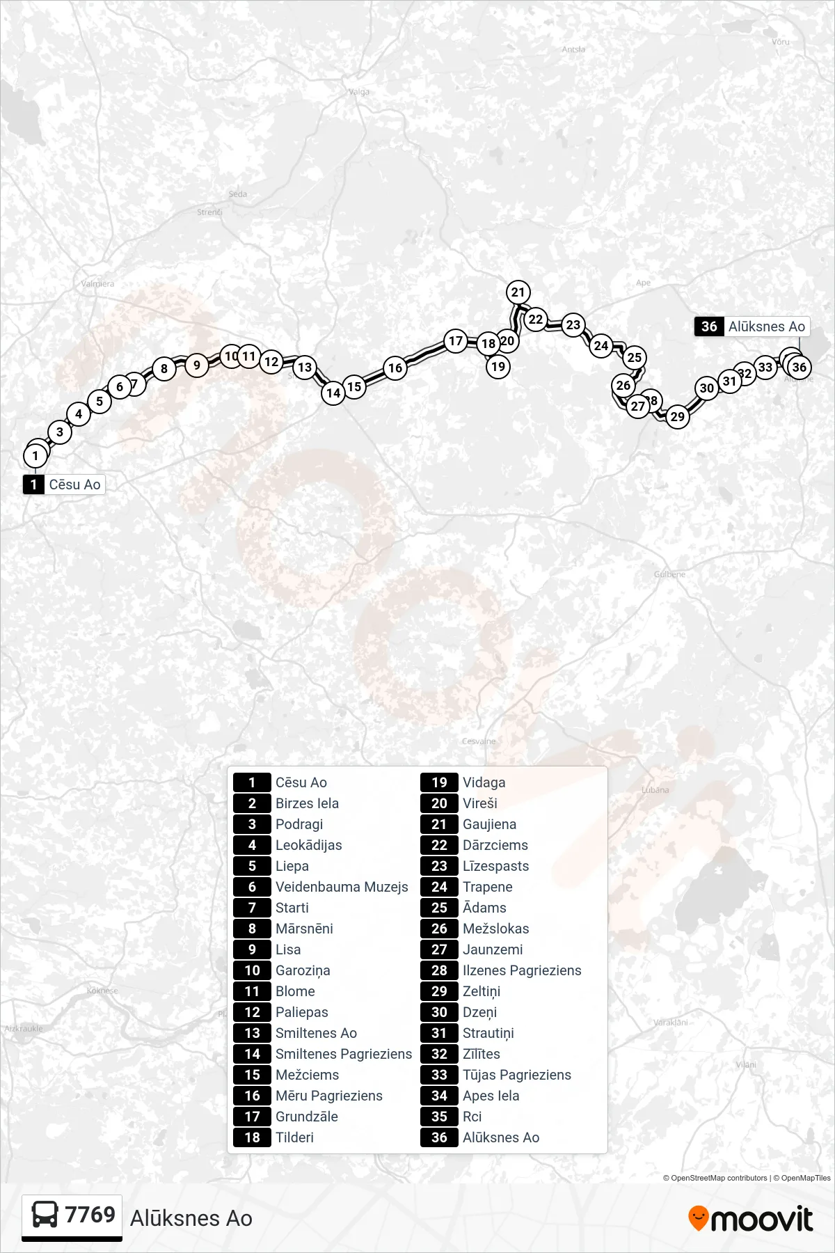 7769 bus Line (Alūksnes Ao) route and stops on a map