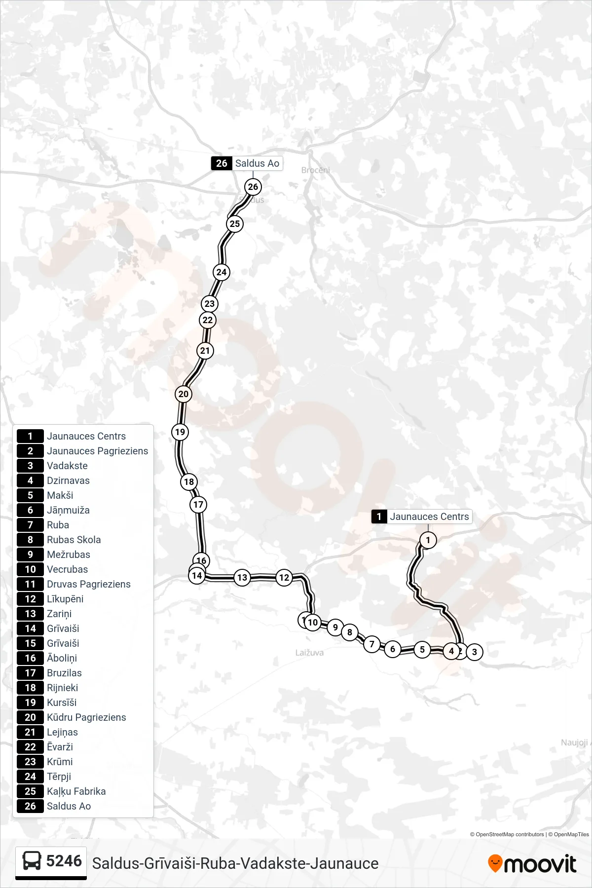 5246 bus Line (Saldus Ao) route and stops on a map
