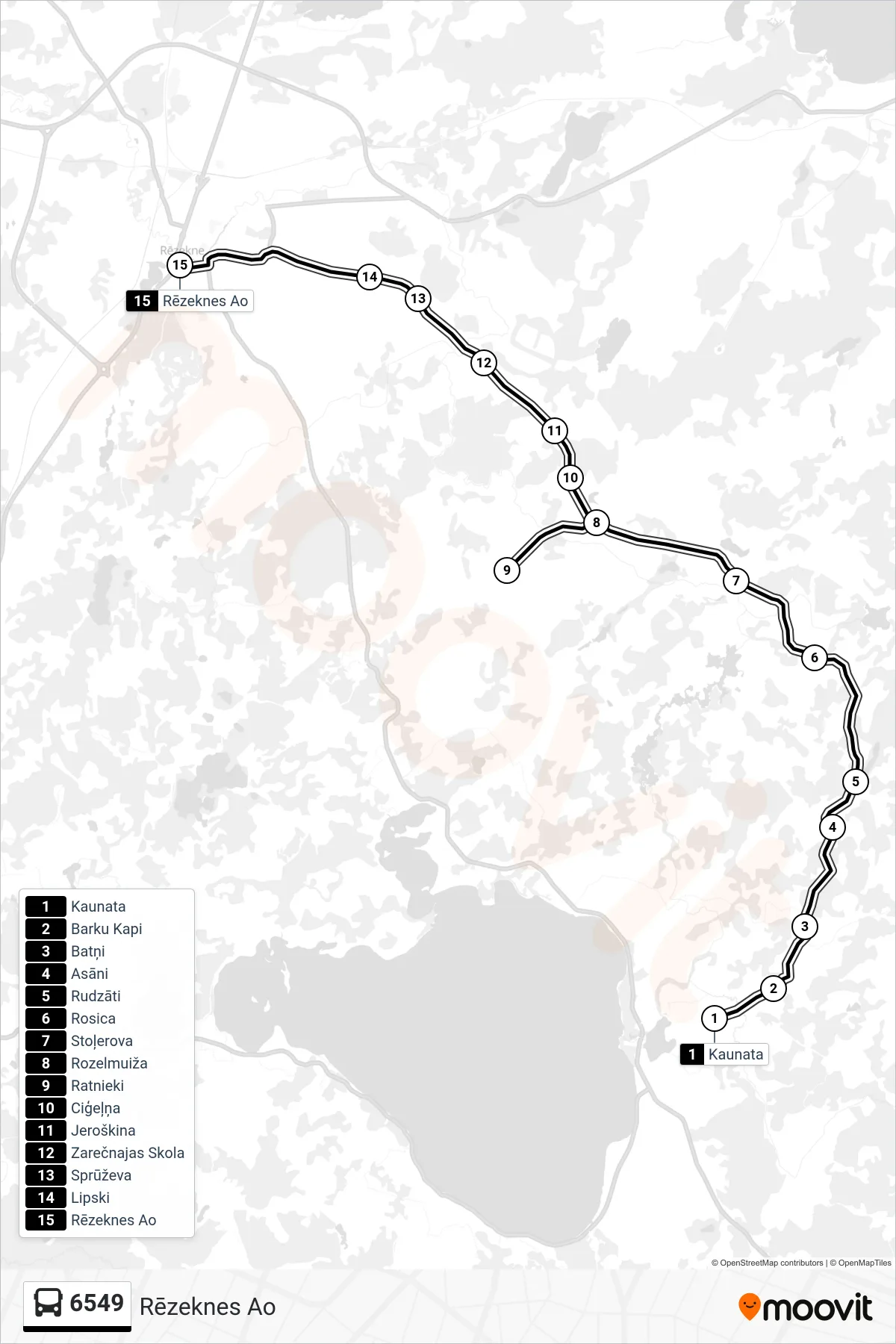 6549 bus Line (Rēzeknes Ao) route and stops on a map
