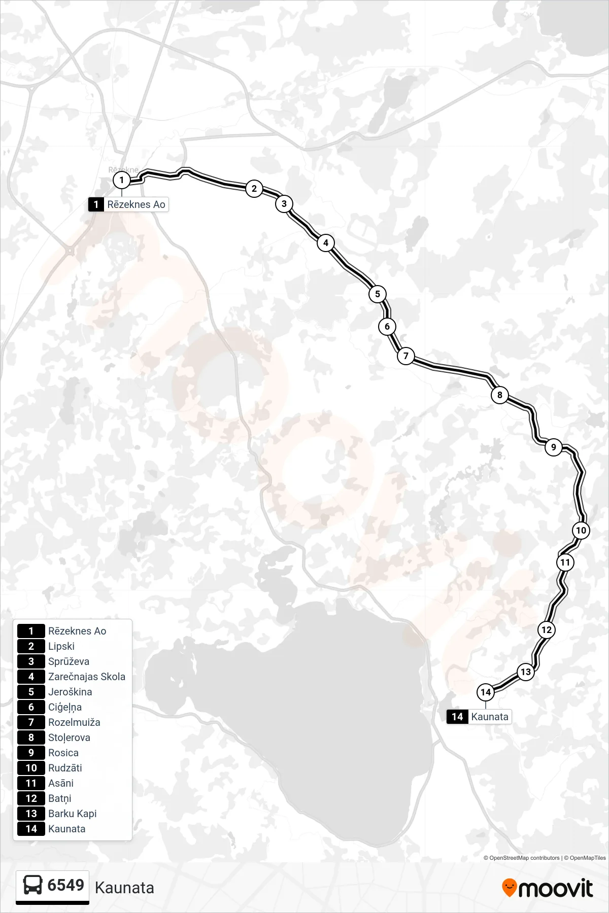 6549 bus Line (Kaunata) route and stops on a map