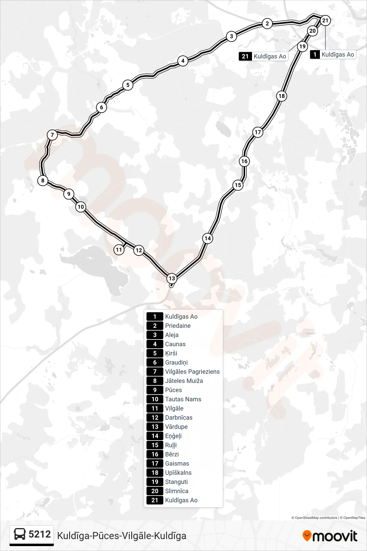 5212 bus Line (Kuldīgas Ao) route and stops on a map