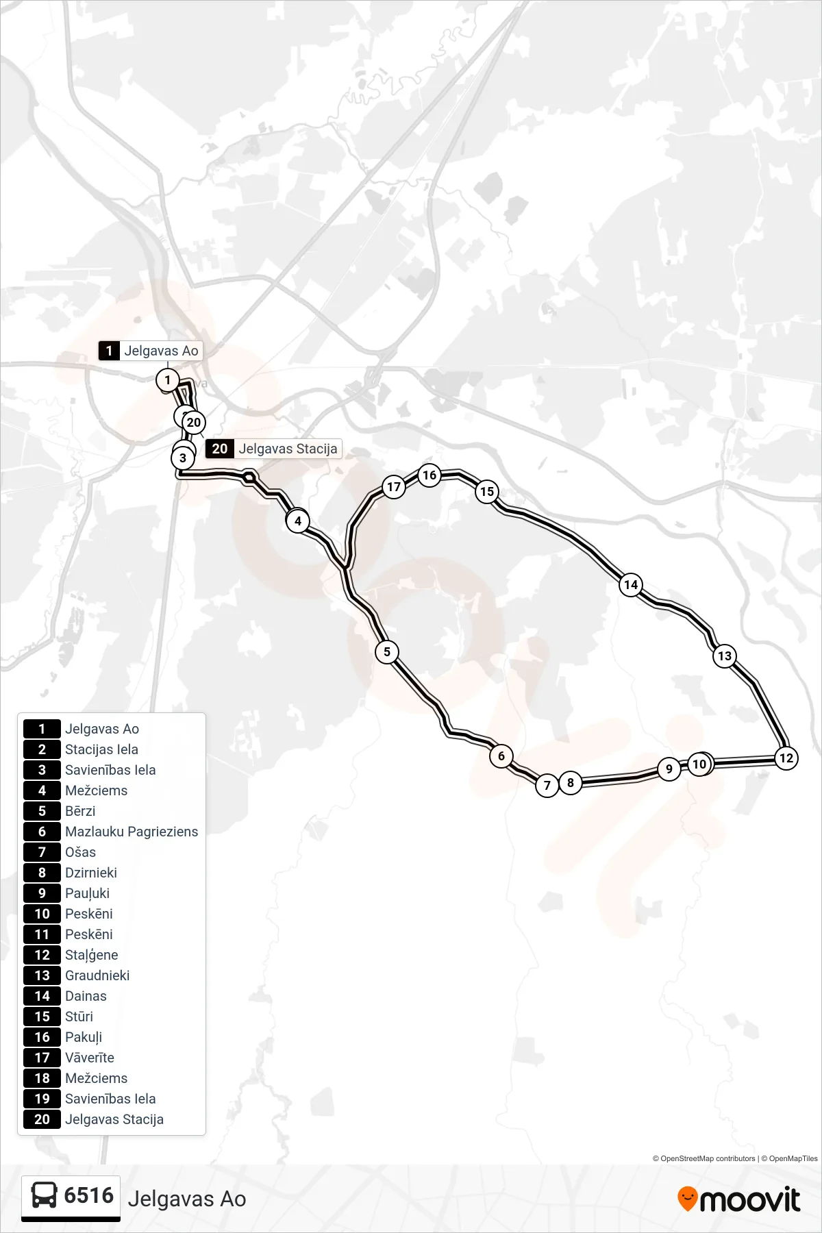 6516 bus Line (Jelgavas Ao) route and stops on a map