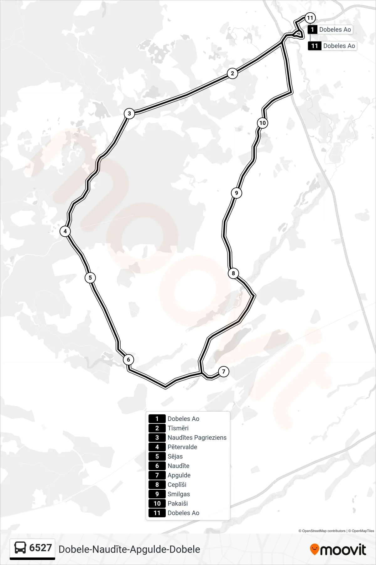 6527 bus Line (Dobeles Ao) route and stops on a map