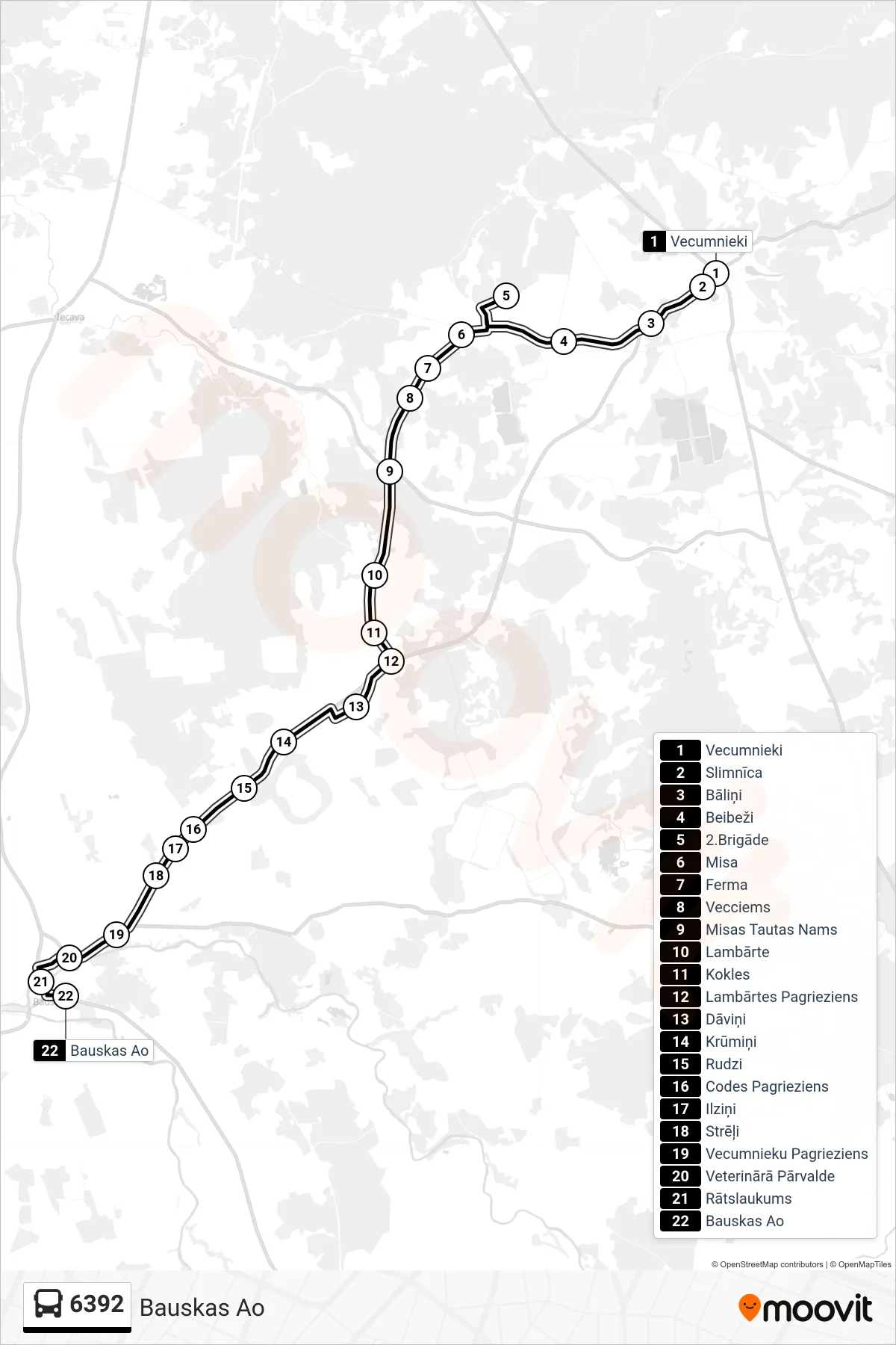 6392 bus Line (Bauskas Ao) route and stops on a map