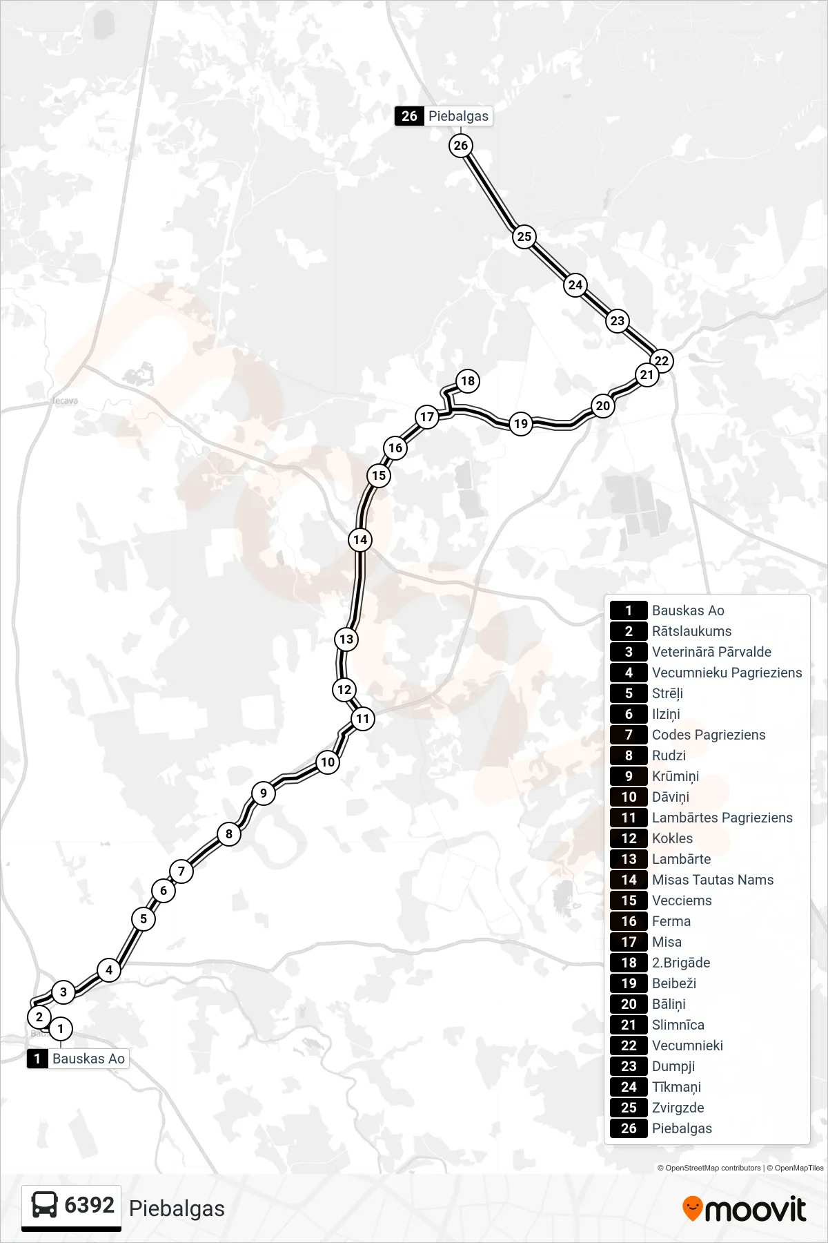 6392 bus Line (Piebalgas) route and stops on a map