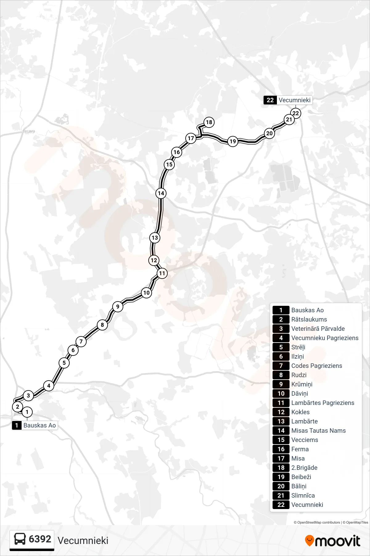 6392 bus Line (Vecumnieki) route and stops on a map
