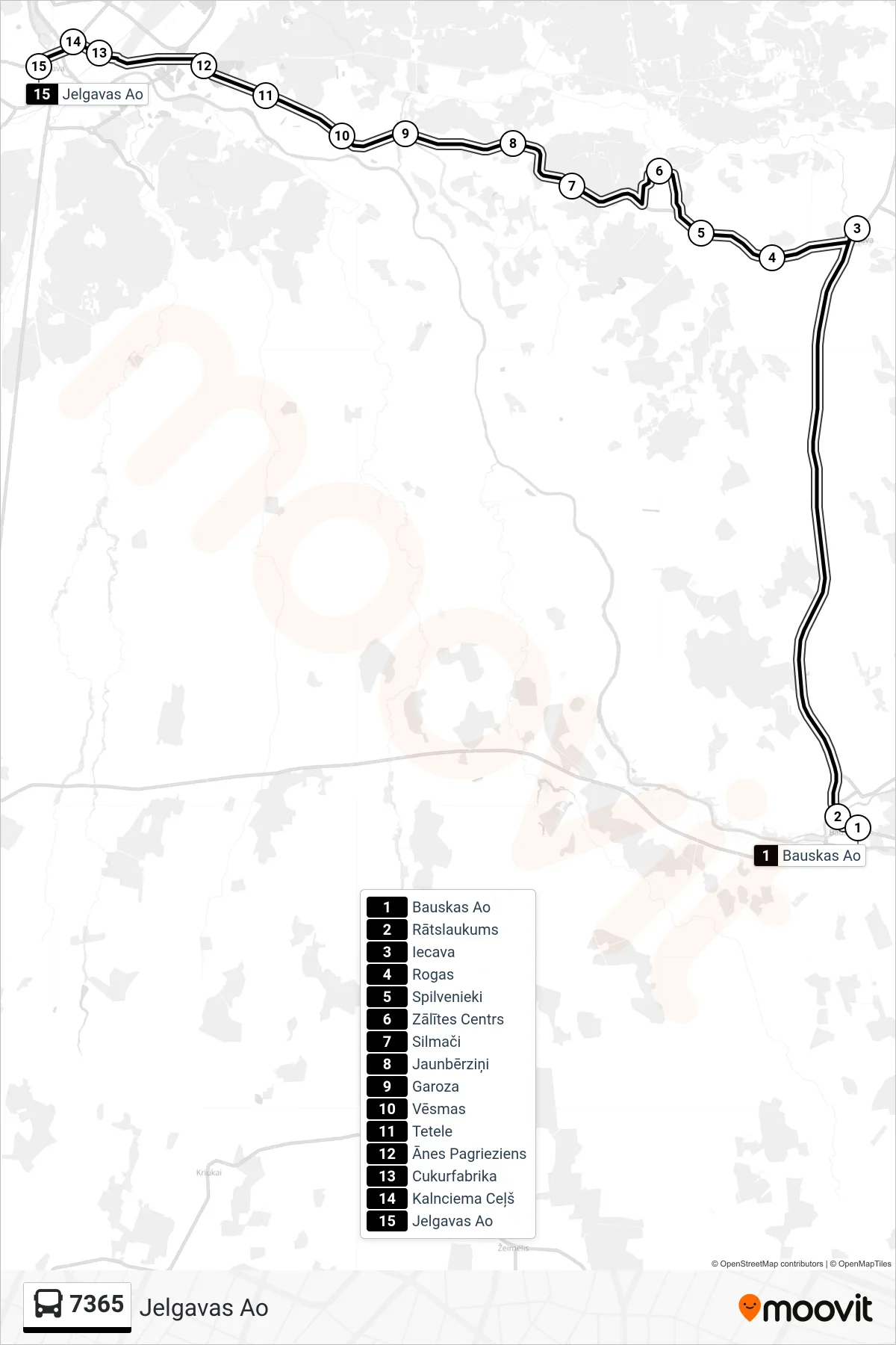 7365 bus Line (Jelgavas Ao) route and stops on a map