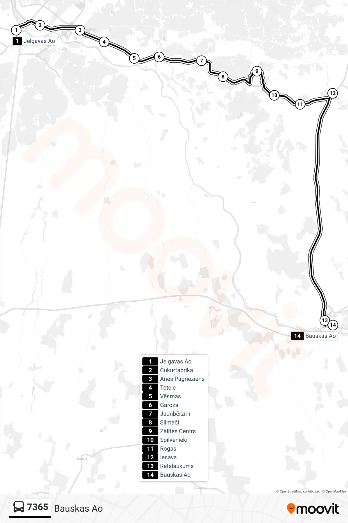 7365 bus Line (Bauskas Ao) route and stops on a map