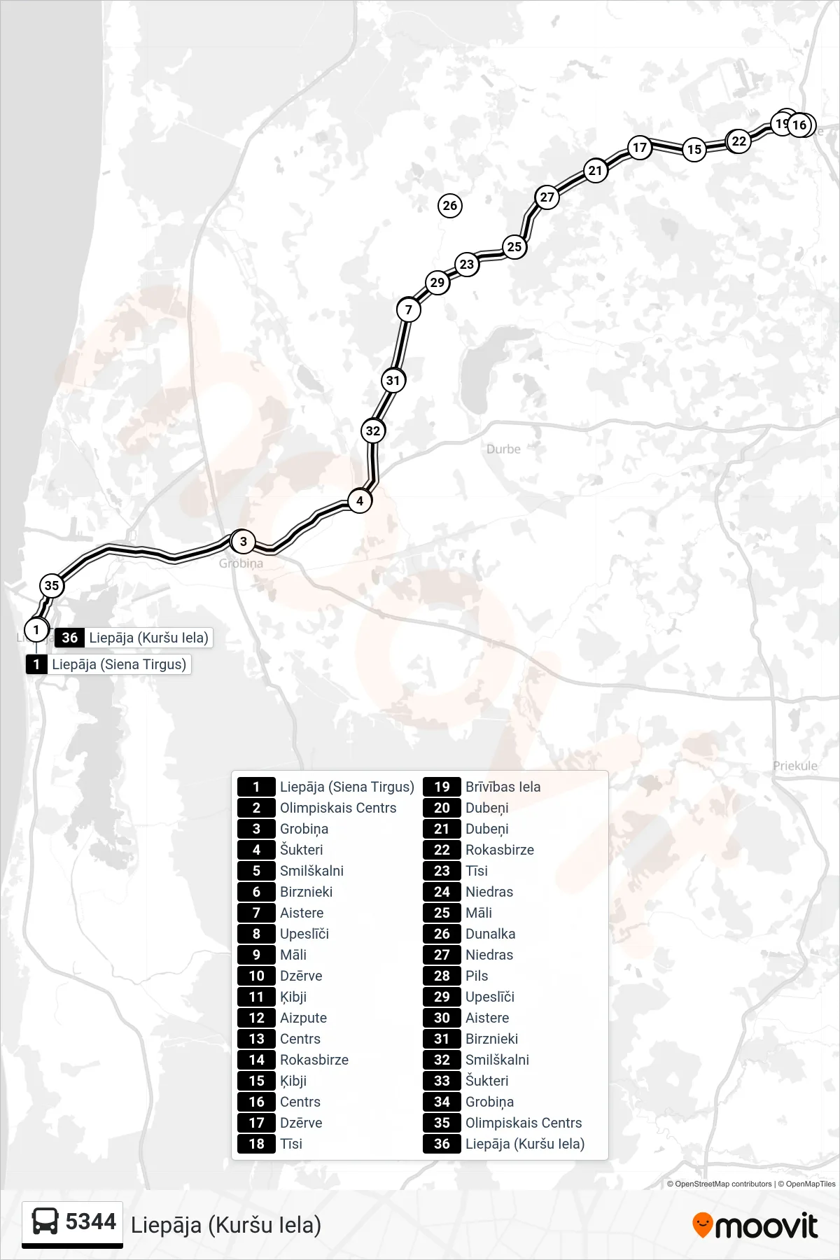5344 bus Line (Liepāja (Kuršu Iela)) route and stops on a map