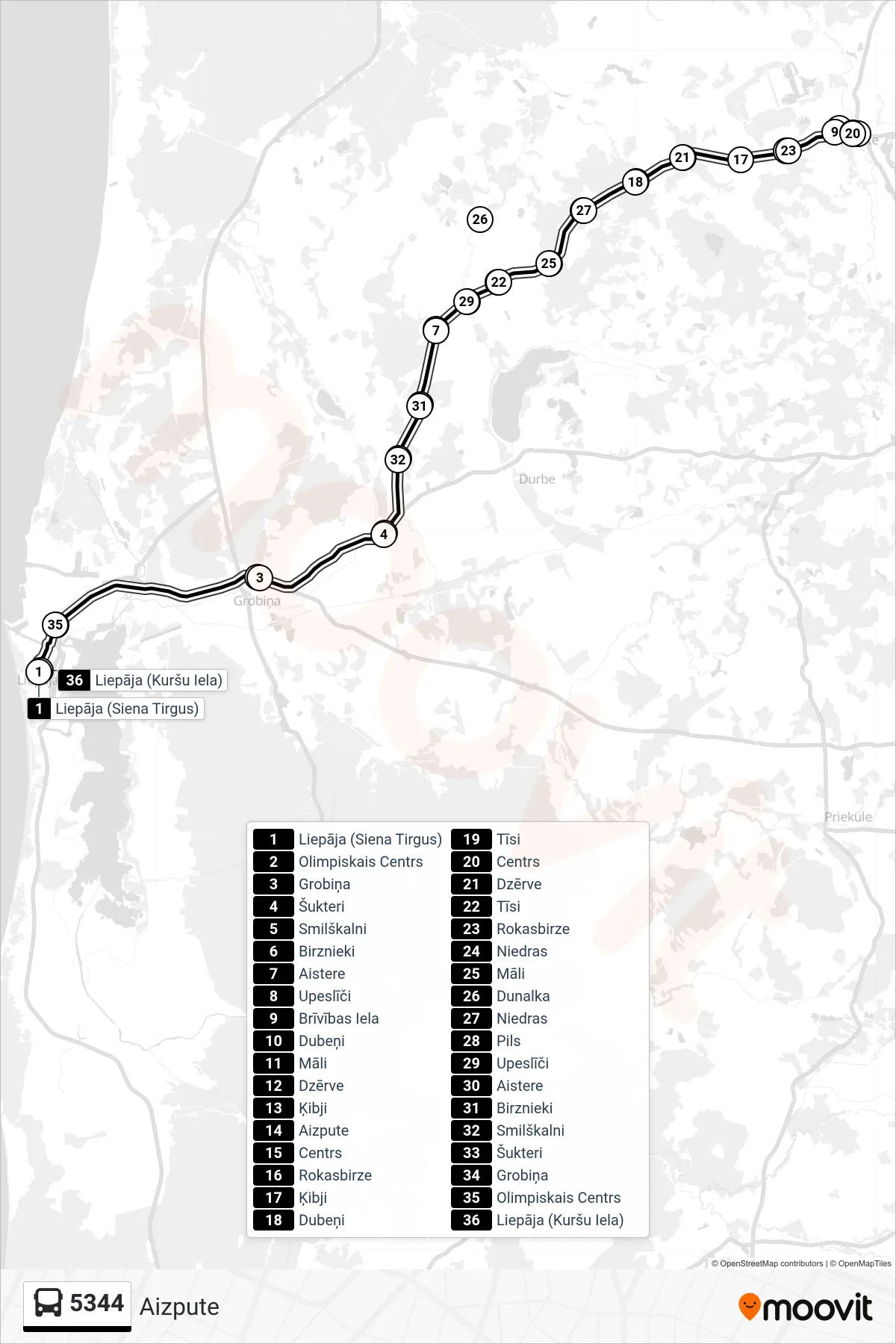 5344 bus Line (Aizpute) route and stops on a map