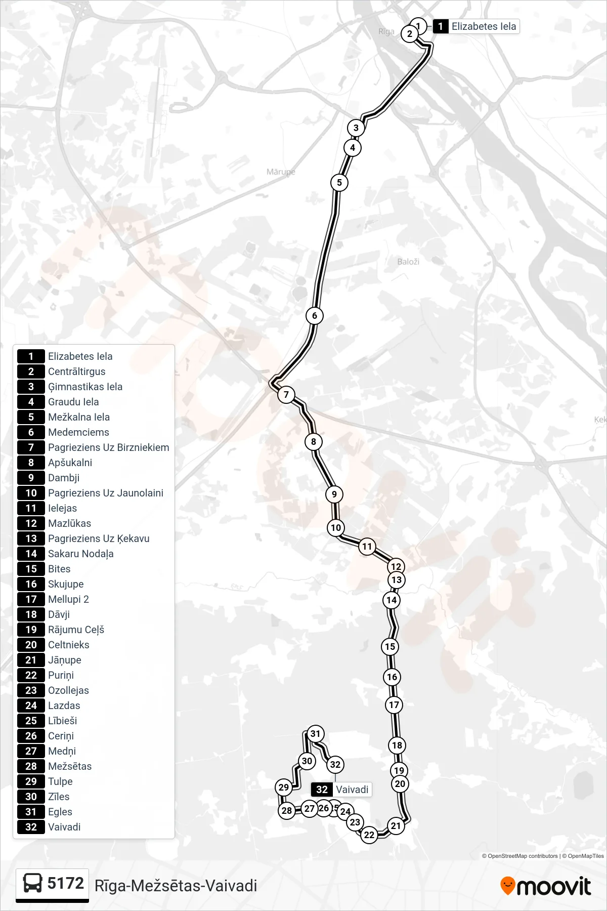 5172 bus Line (Vaivadi) route and stops on a map