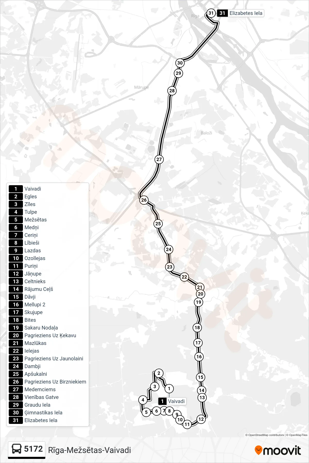 5172 bus Line (Rīga (Elizabetes Iela)) route and stops on a map