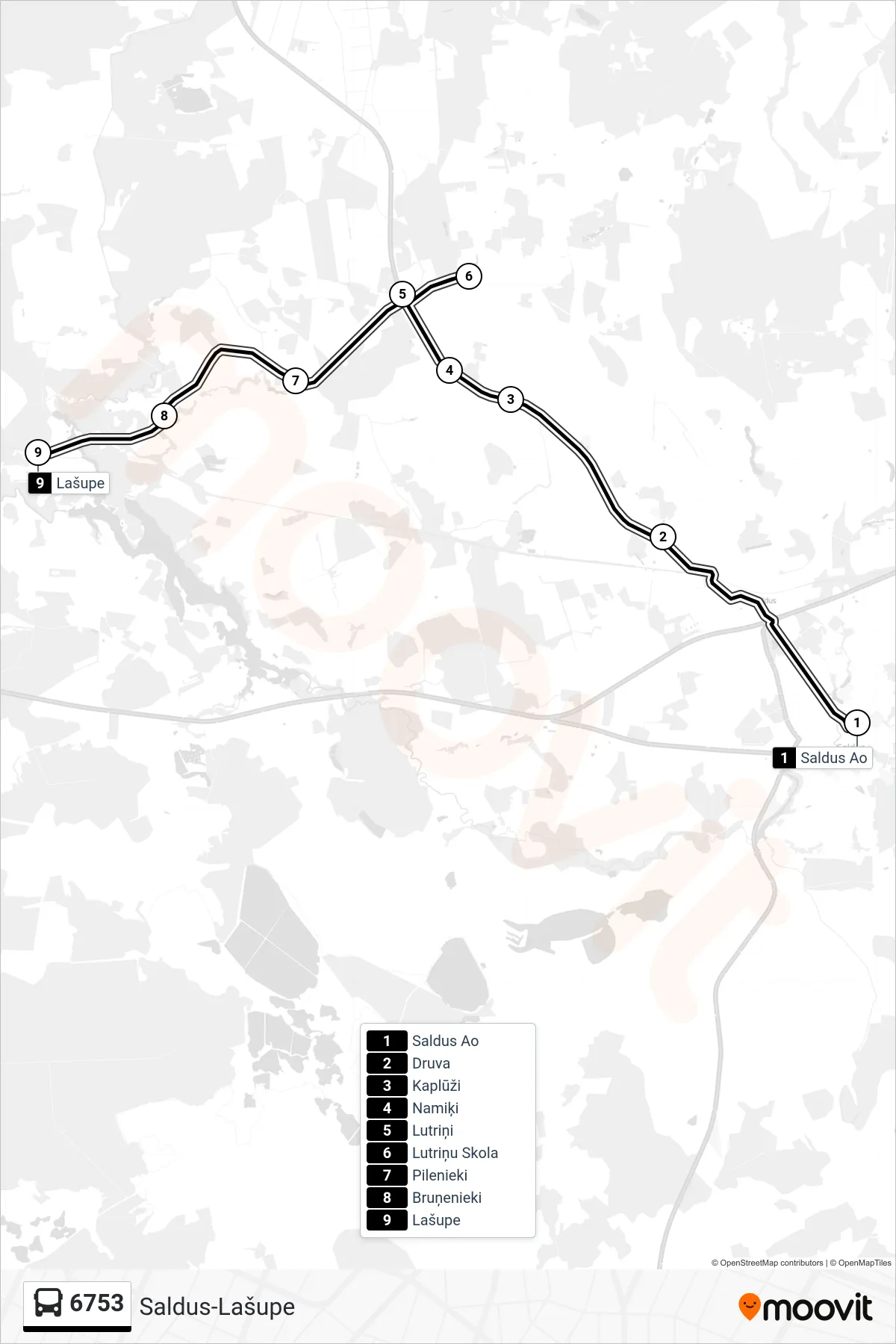 6753 bus Line (Lašupe) route and stops on a map