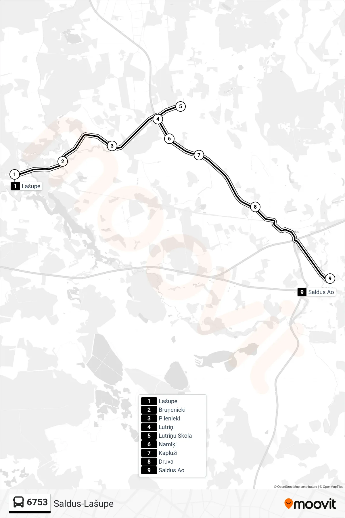 6753 bus Line (Saldus Ao) route and stops on a map