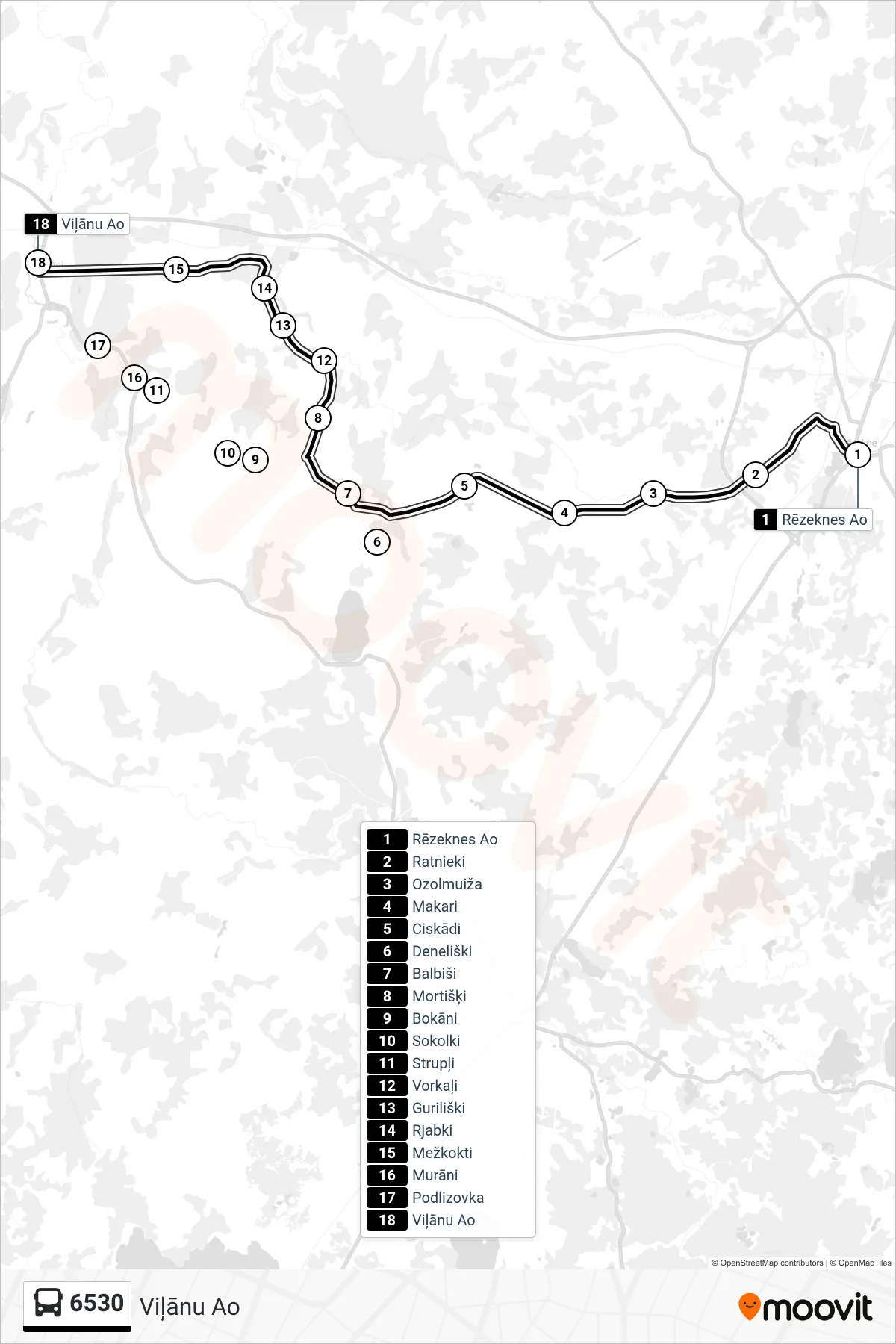 6530 bus Line (Viļānu Ao) route and stops on a map