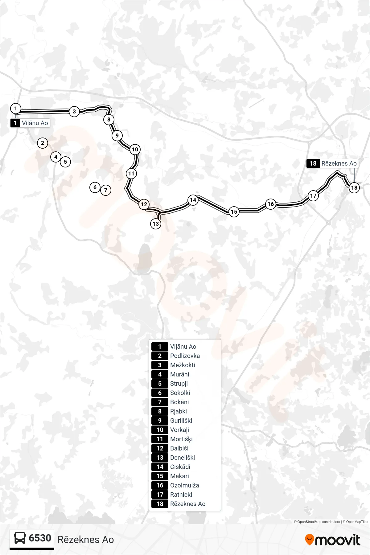 6530 bus Line (Rēzeknes Ao) route and stops on a map