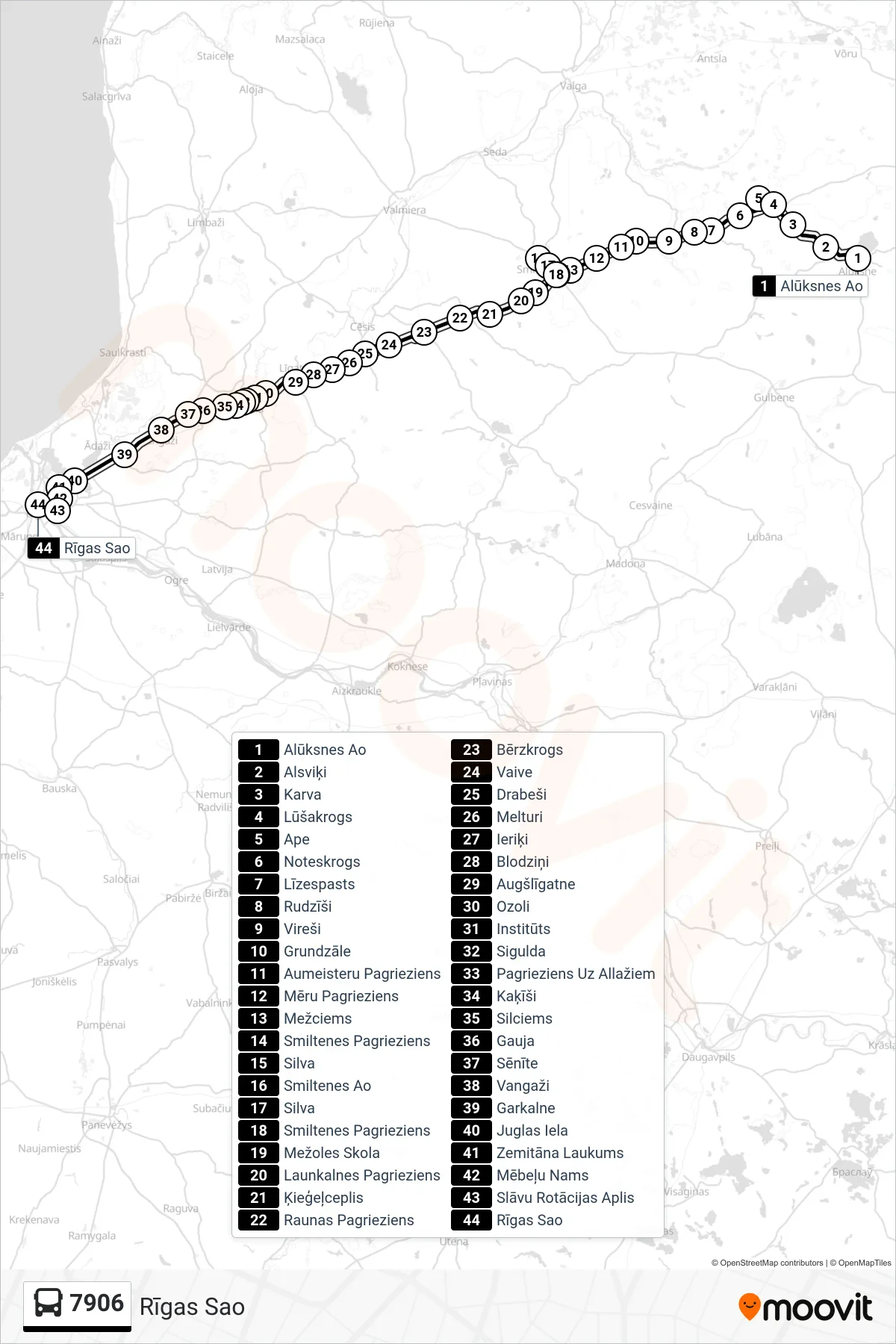 7906 bus Line (Rīgas Sao) route and stops on a map