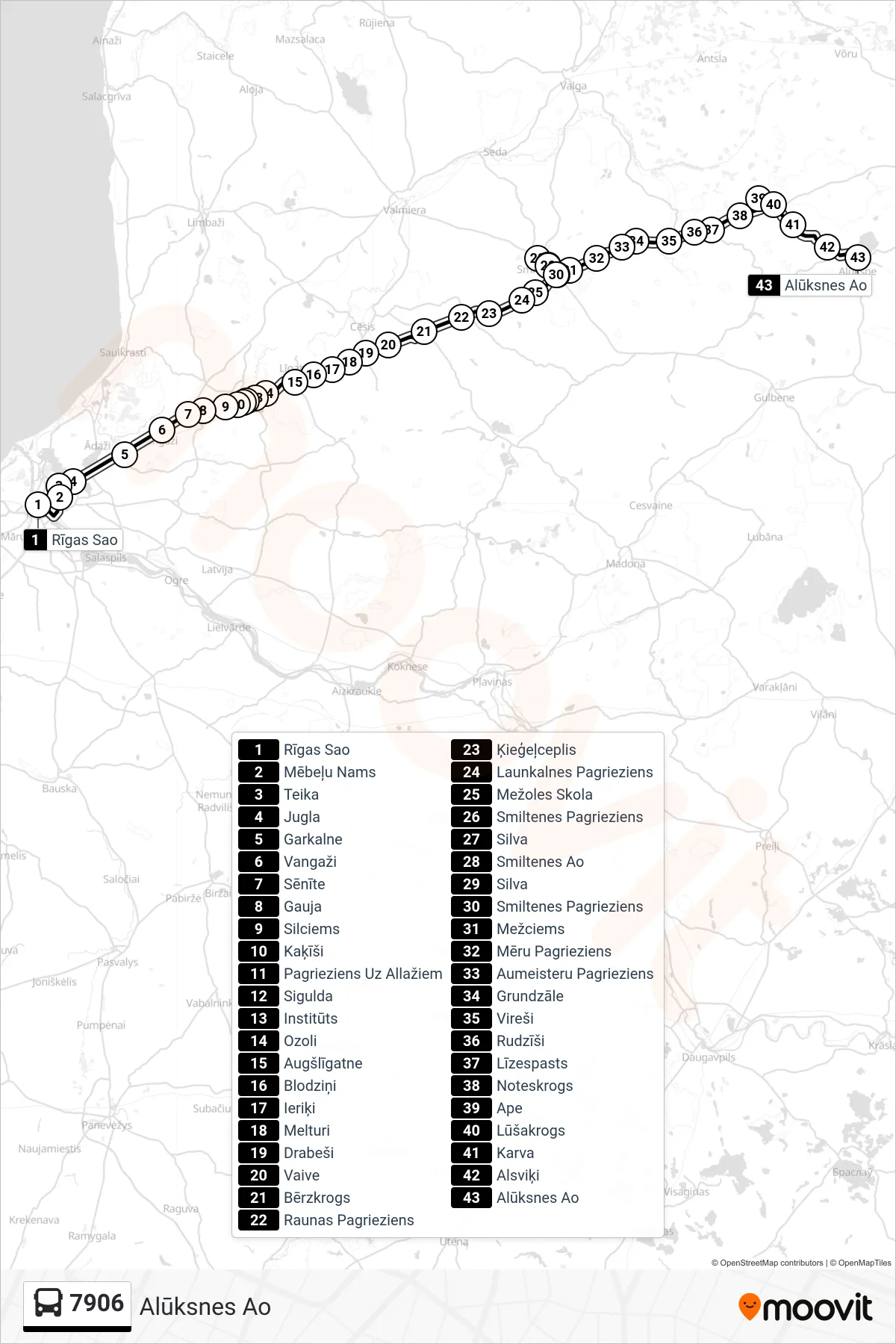 7906 bus Line (Alūksnes Ao) route and stops on a map