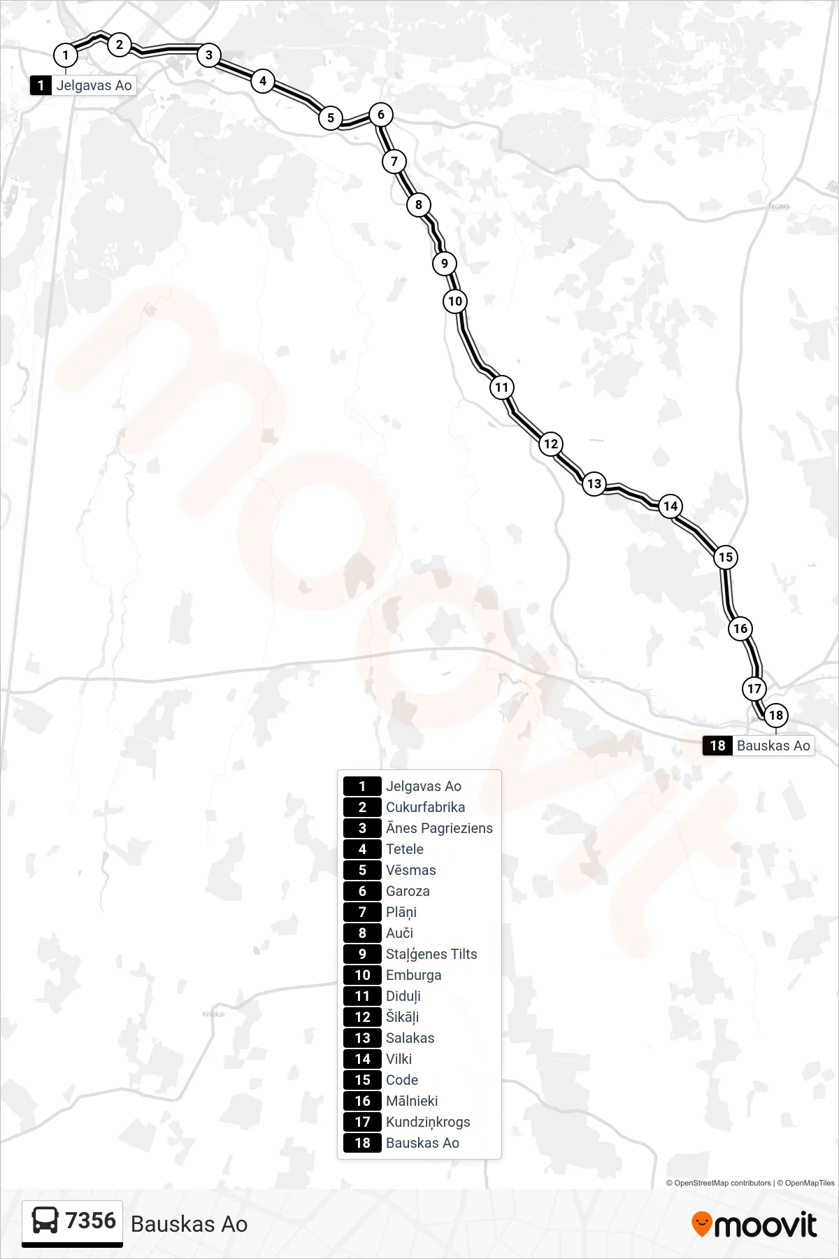 7356 bus Line (Bauskas Ao) route and stops on a map