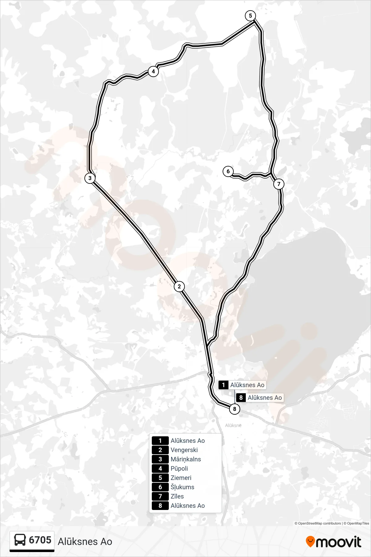 6705 bus Line (Alūksnes Ao) route and stops on a map