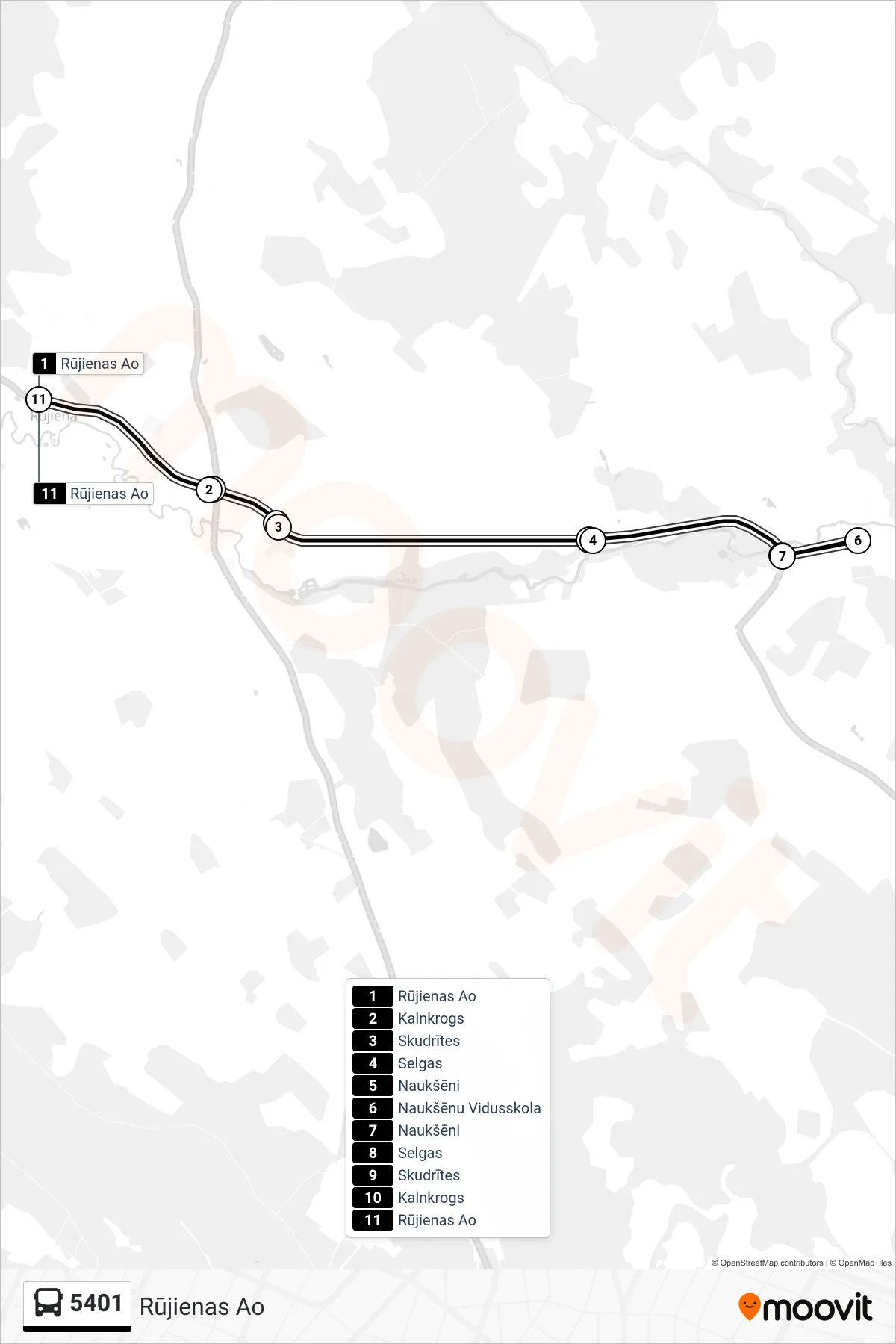 5401 bus Line (Rūjienas Ao) route and stops on a map