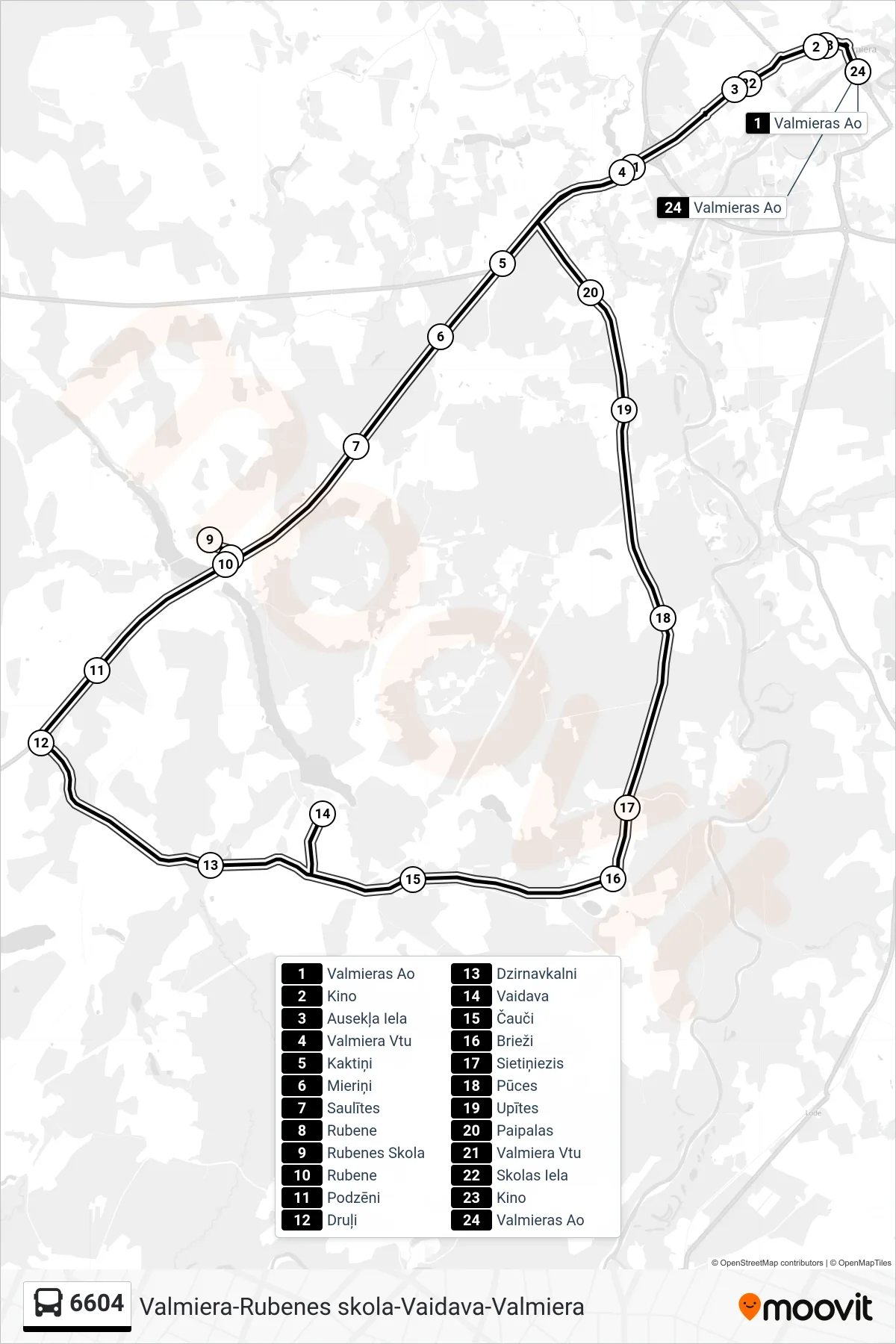 6604 bus Line (Valmieras Ao) route and stops on a map