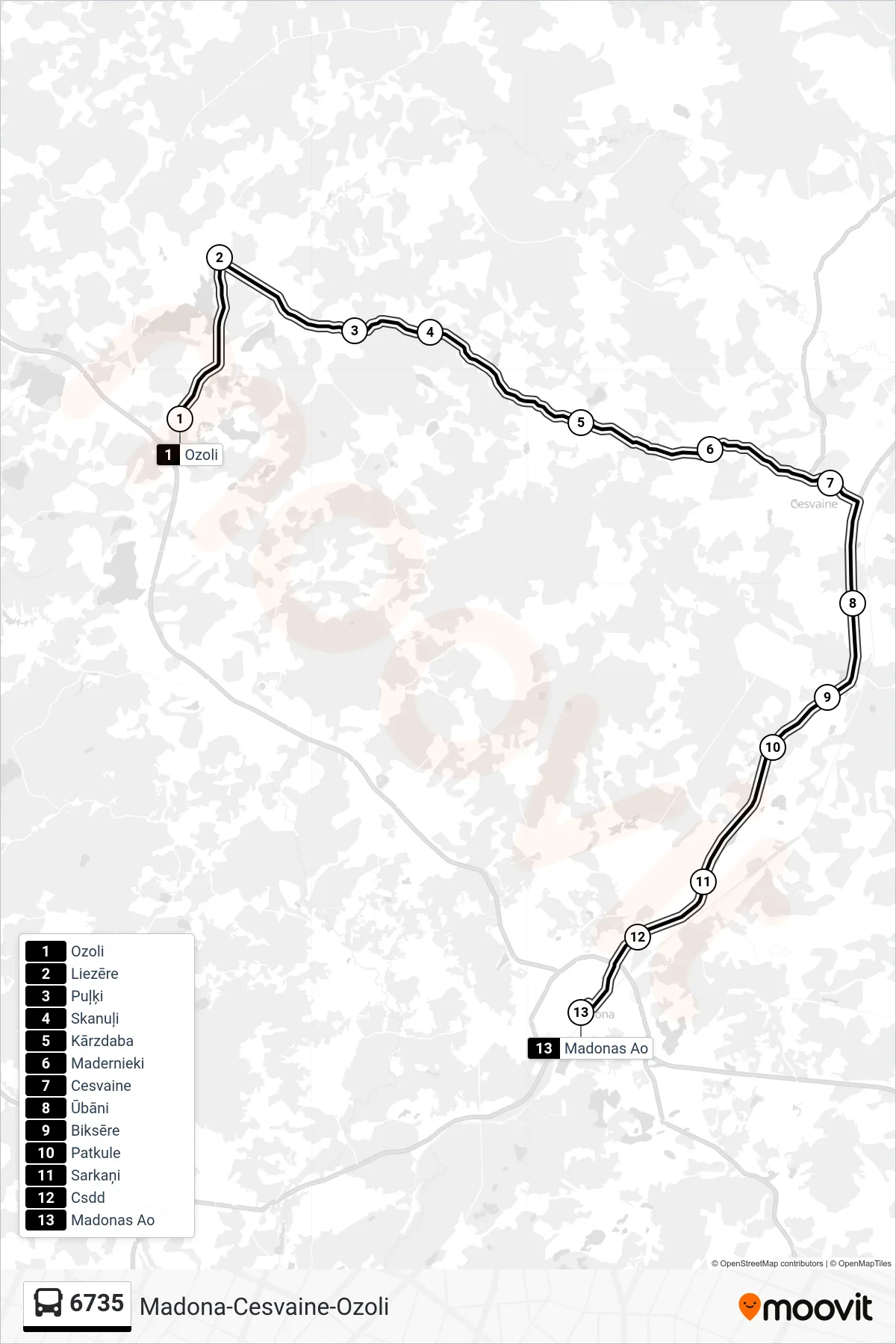 6735 bus Line (Madonas Ao) route and stops on a map