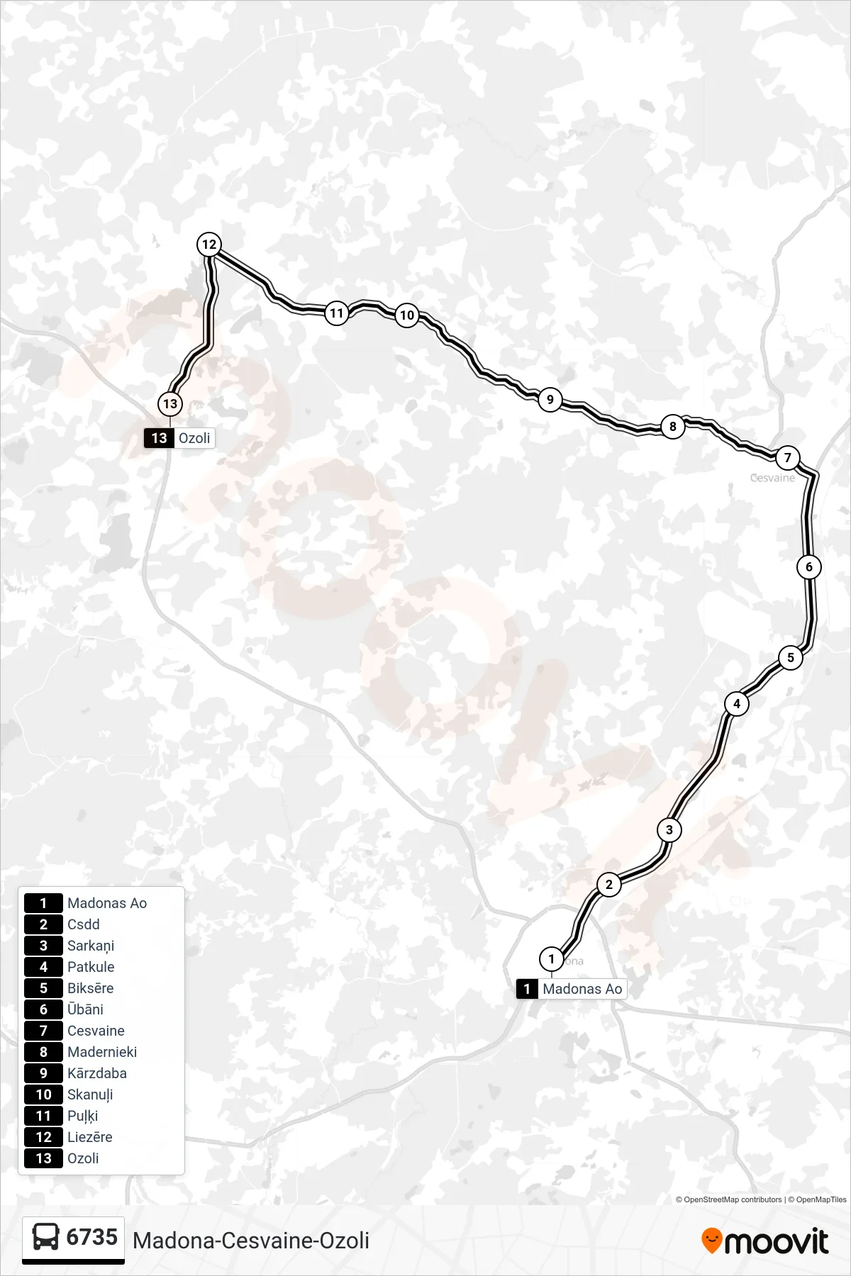 6735 bus Line (Ozoli) route and stops on a map