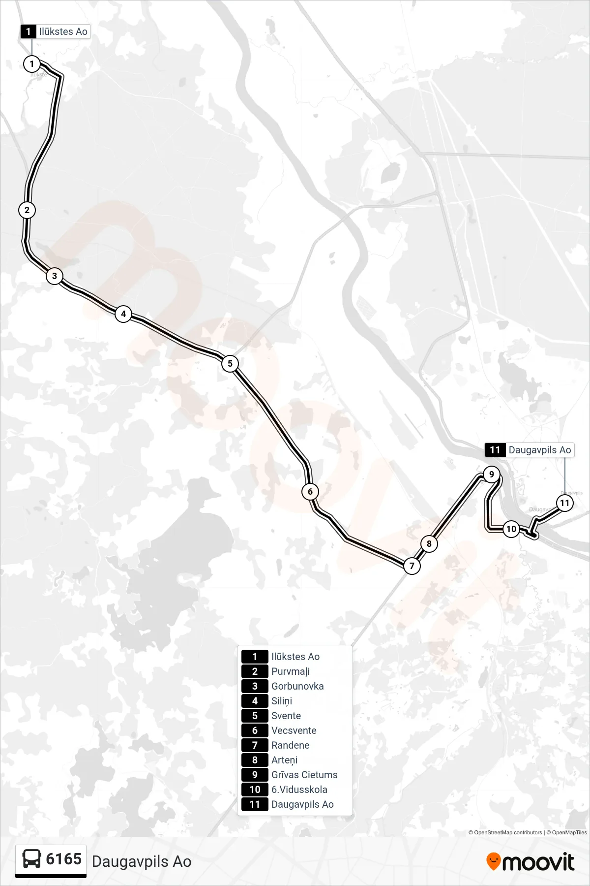 6165 bus Line (Daugavpils Ao) route and stops on a map