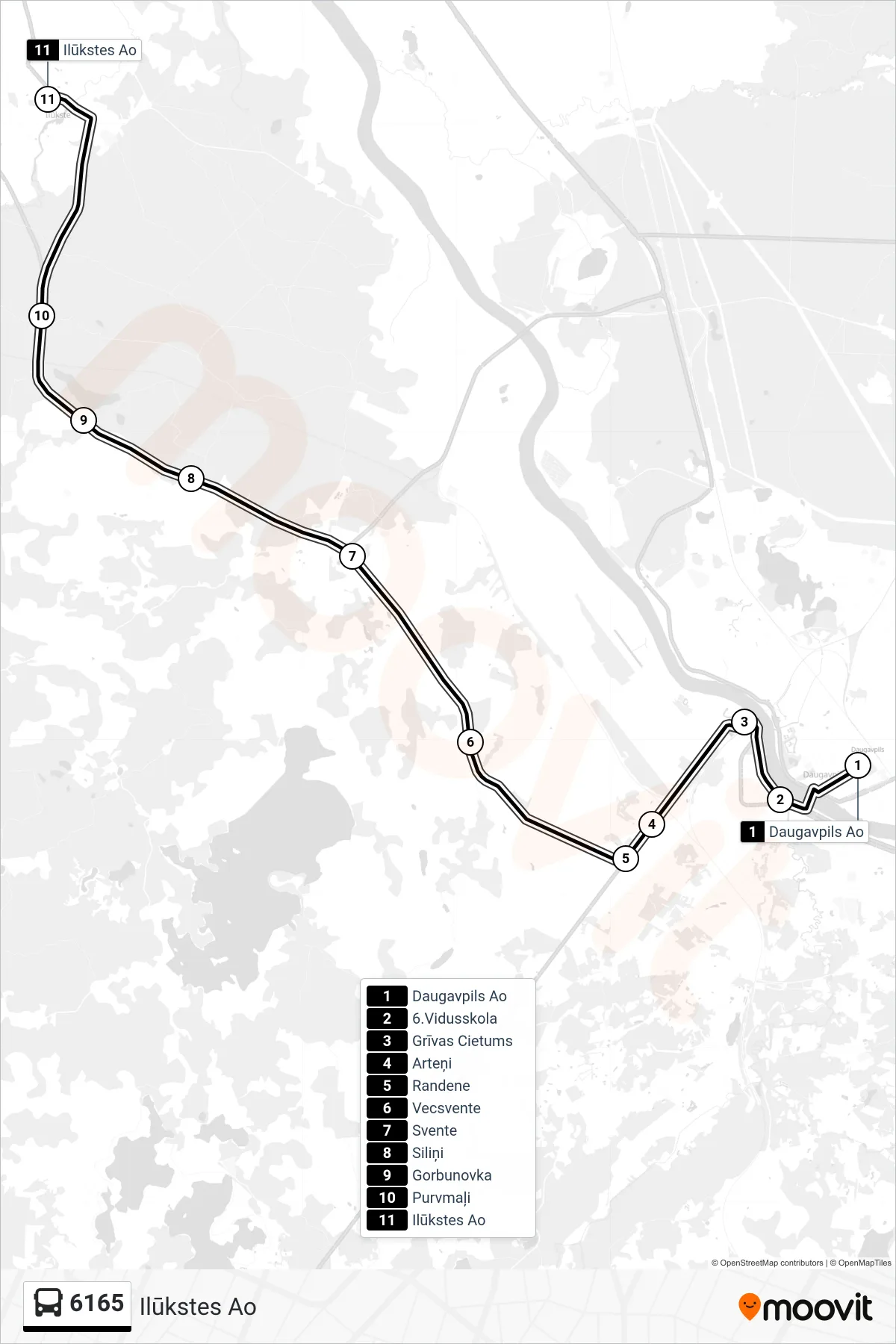 6165 bus Line (Ilūkstes Ao) route and stops on a map