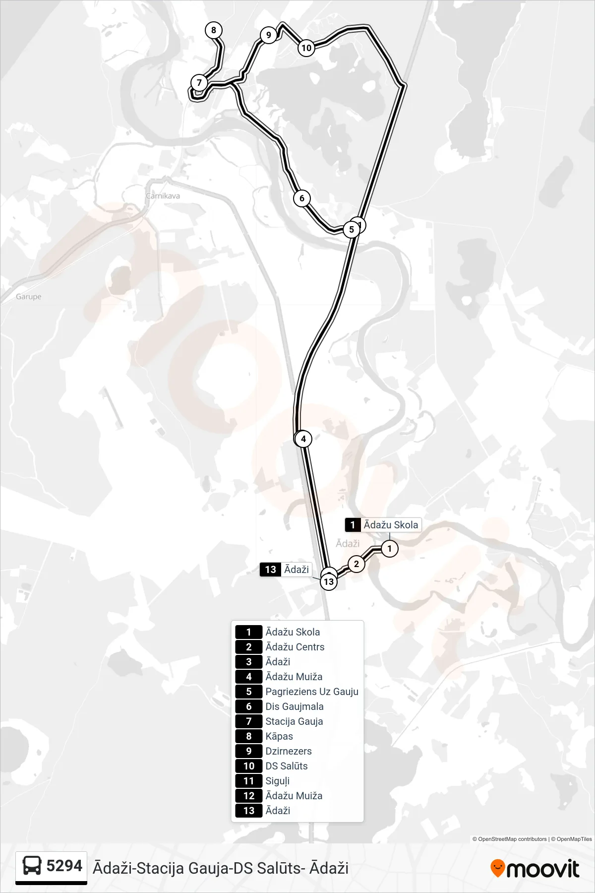 5294 bus Line (Ādaži) route and stops on a map