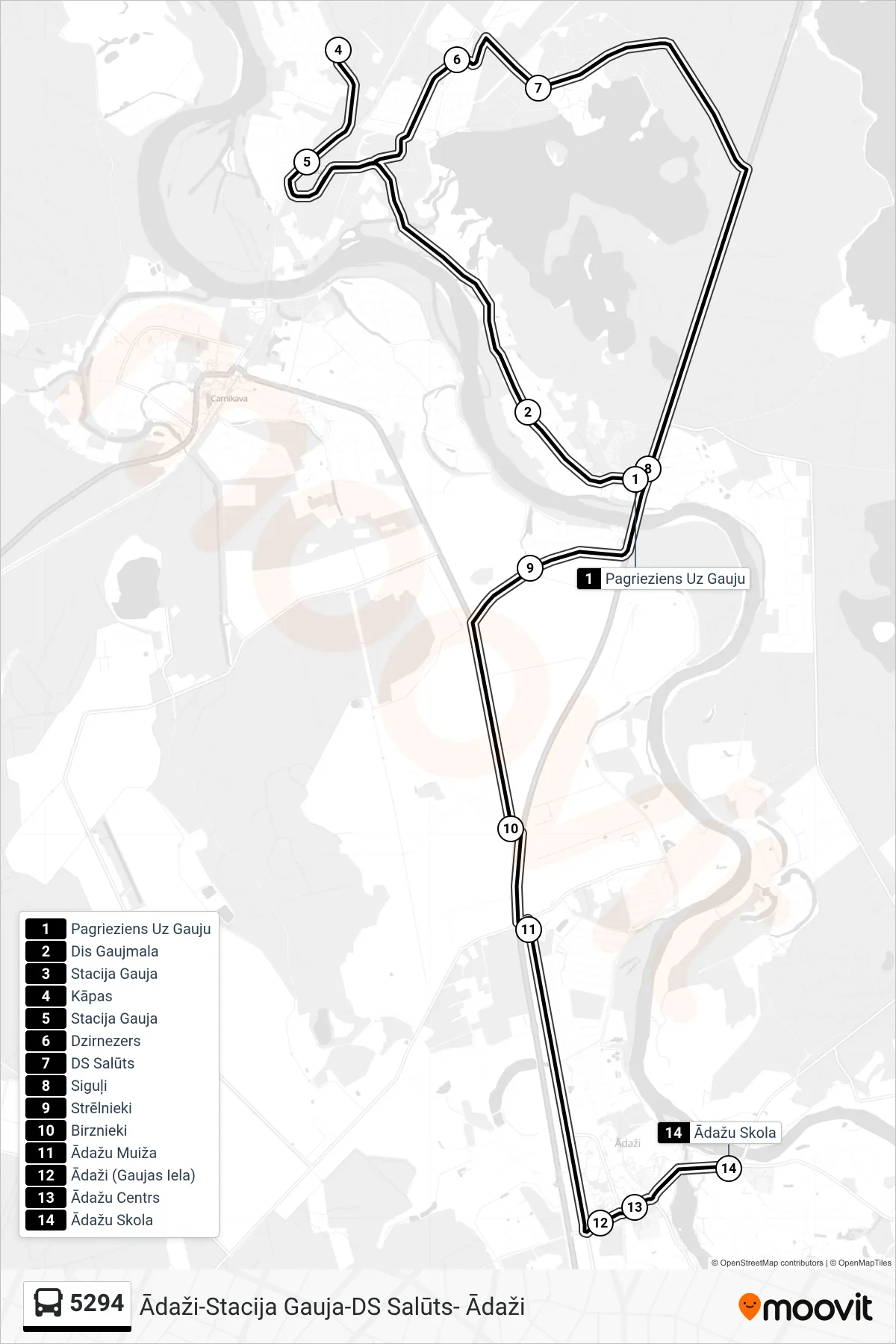 5294 bus Line (Ādažu Skola) route and stops on a map