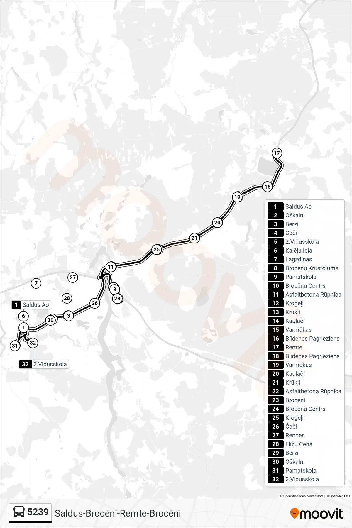 5239 bus Line (Saldus Ao) route and stops on a map