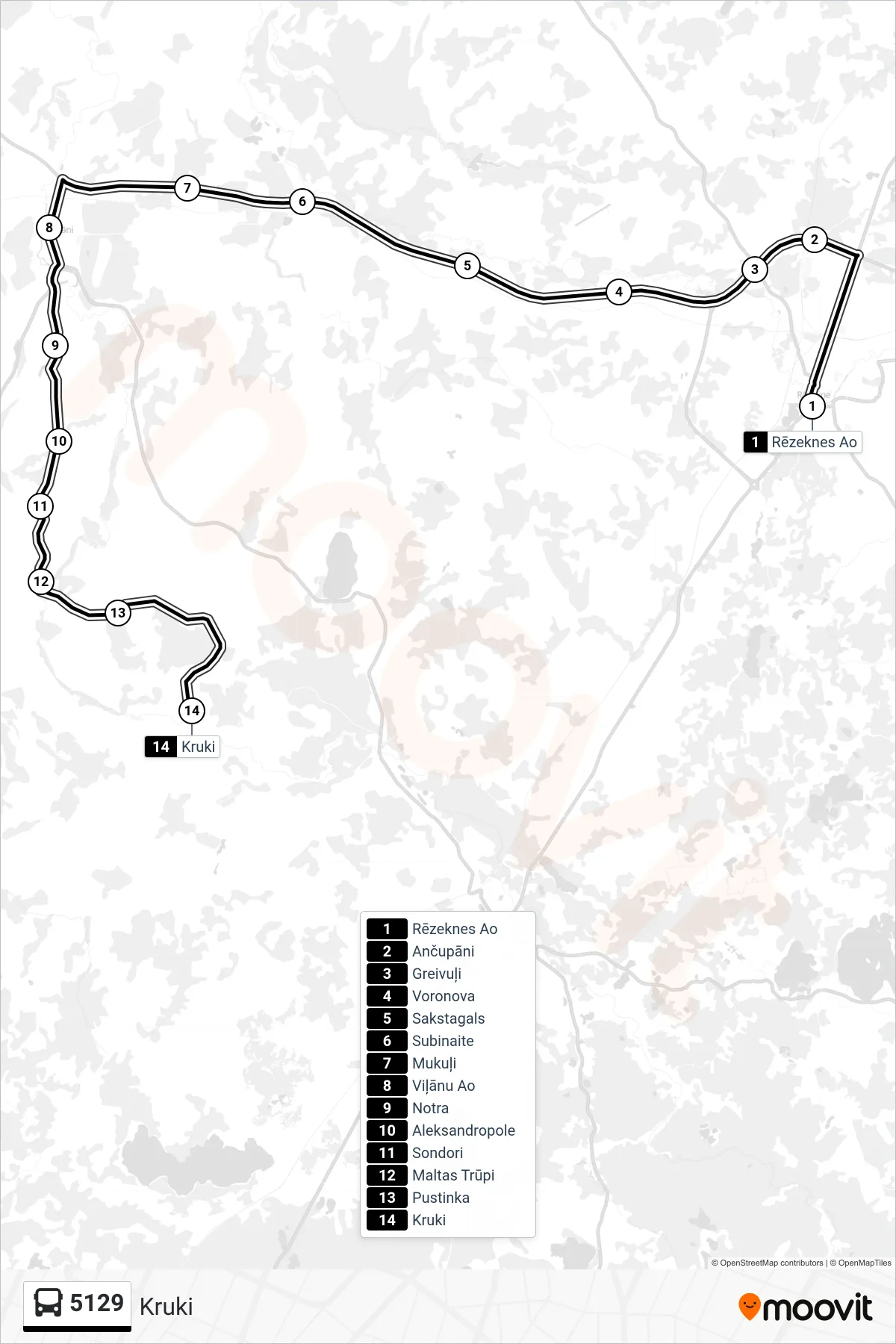 5129 bus Line (Kruki) route and stops on a map