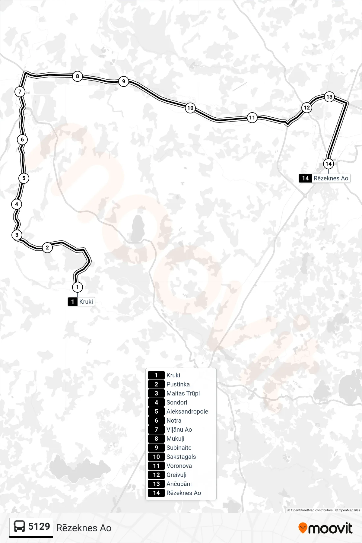 5129 bus Line (Rēzeknes Ao) route and stops on a map