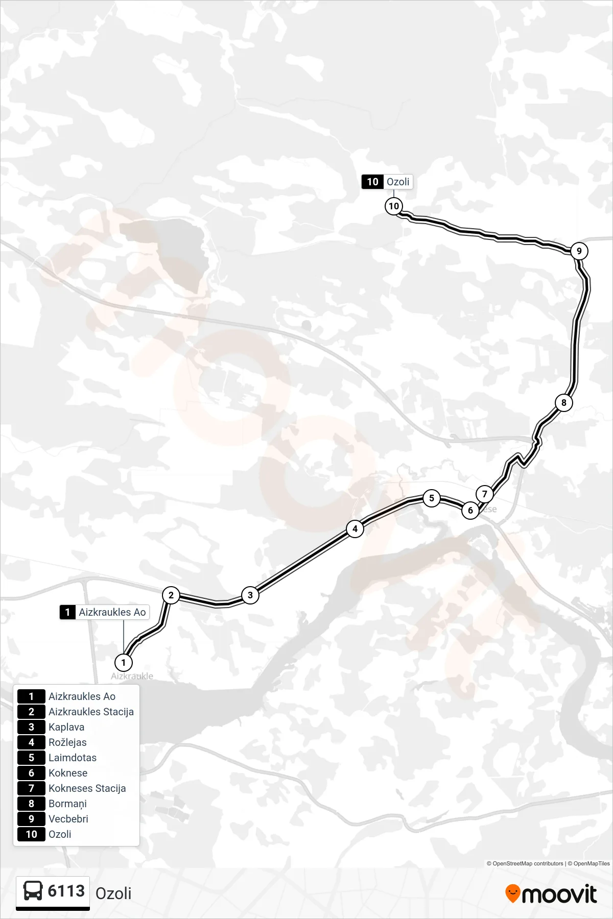 6113 bus Line (Ozoli) route and stops on a map