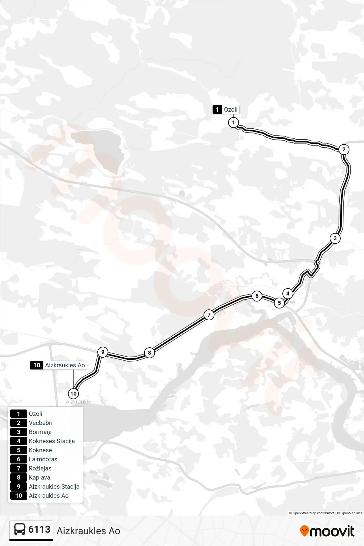 6113 bus Line (Aizkraukles Ao) route and stops on a map