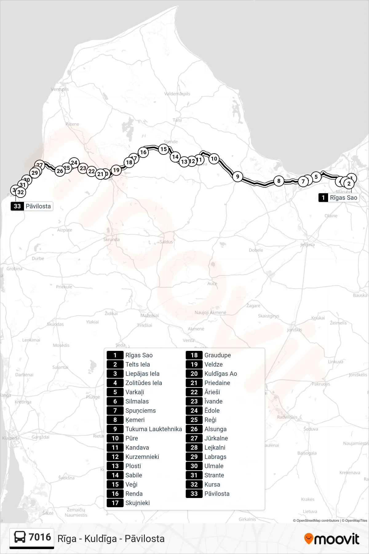 7016 bus Line (Pāvilosta) route and stops on a map