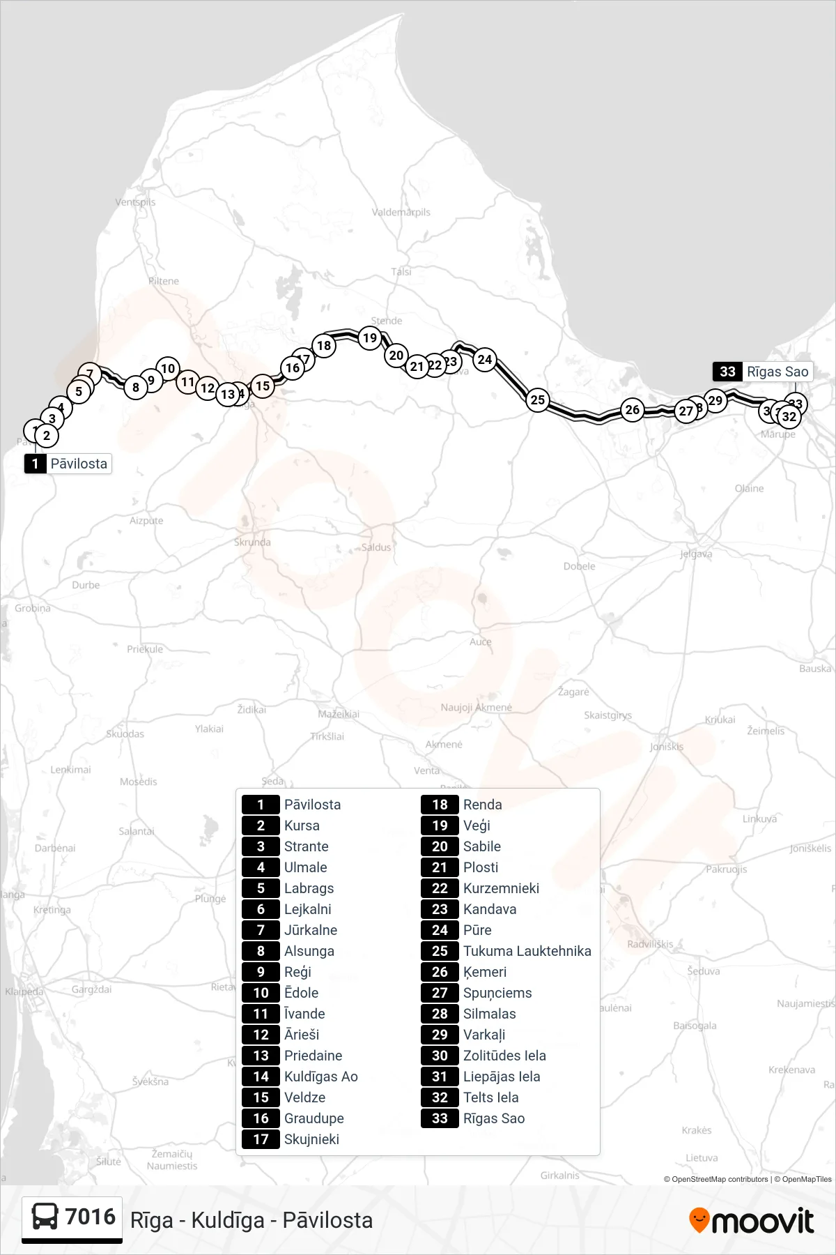 7016 bus Line (Rīgas Sao) route and stops on a map