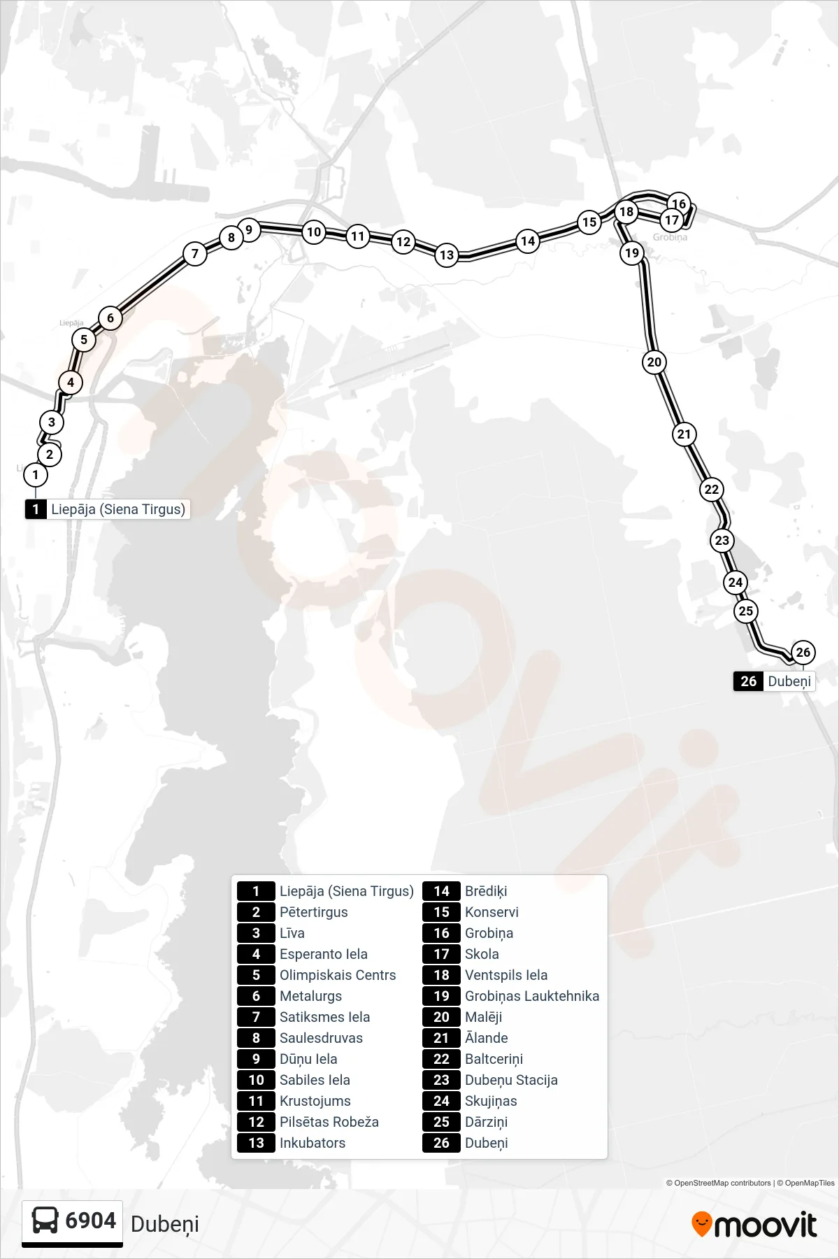 6904 bus Line (Dubeņi) route and stops on a map