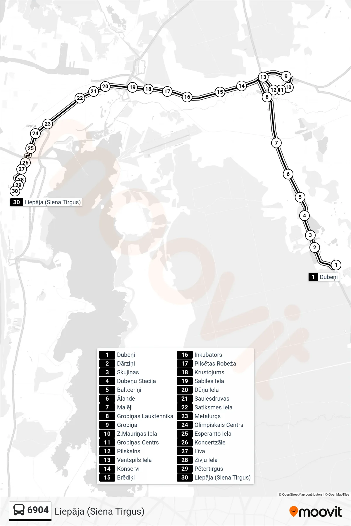 6904 bus Line (Liepāja (Siena Tirgus)) route and stops on a map