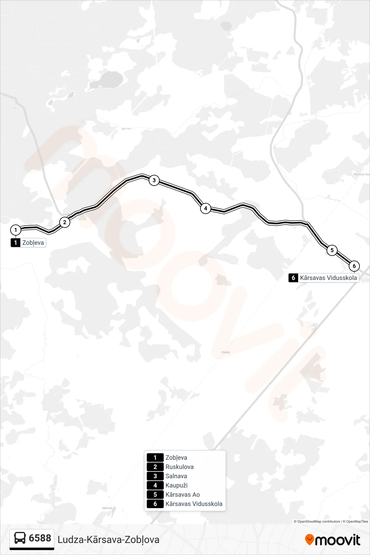 6588 bus Line (Kārsavas Vidusskola) route and stops on a map