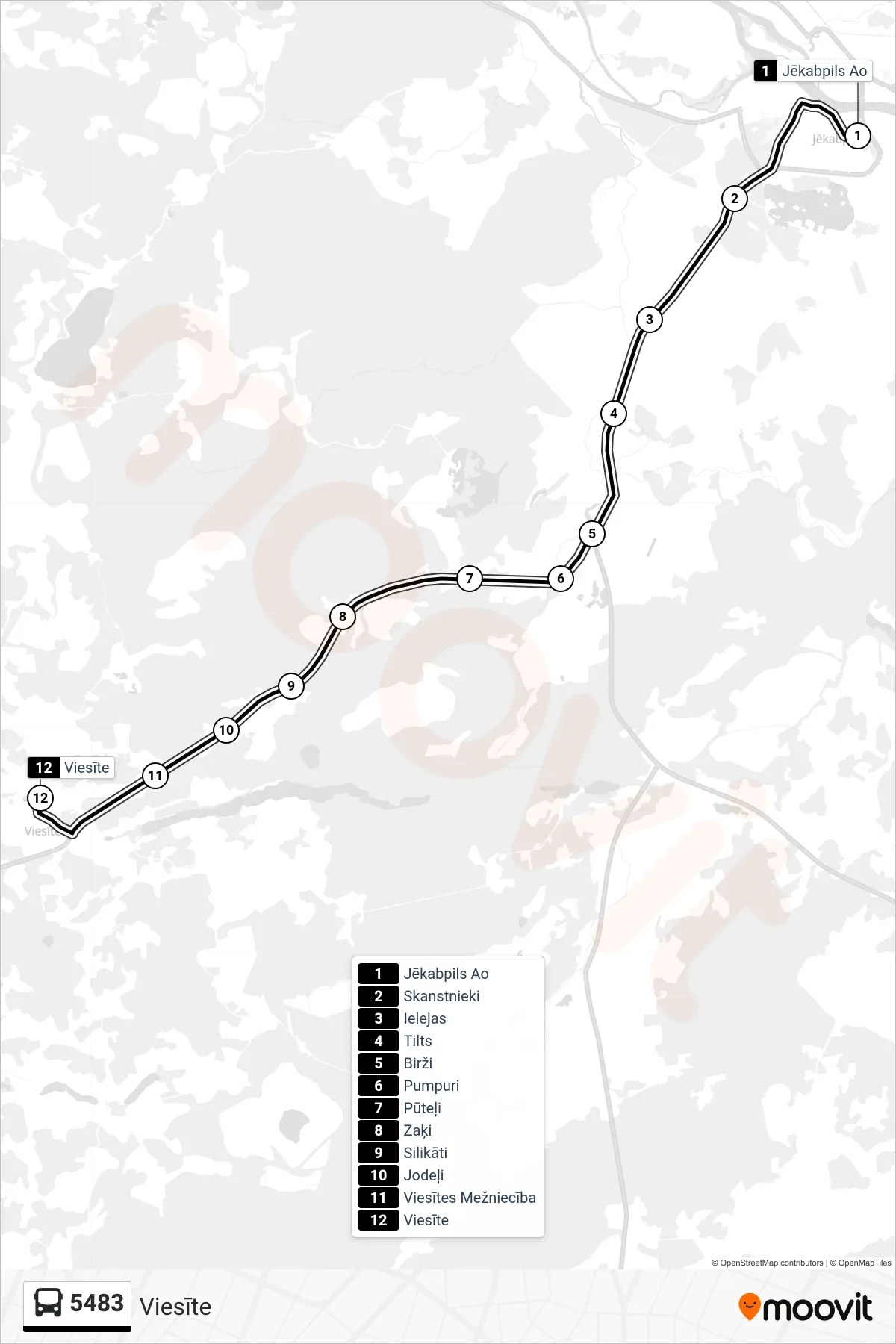 5483 bus Line (Viesīte) route and stops on a map
